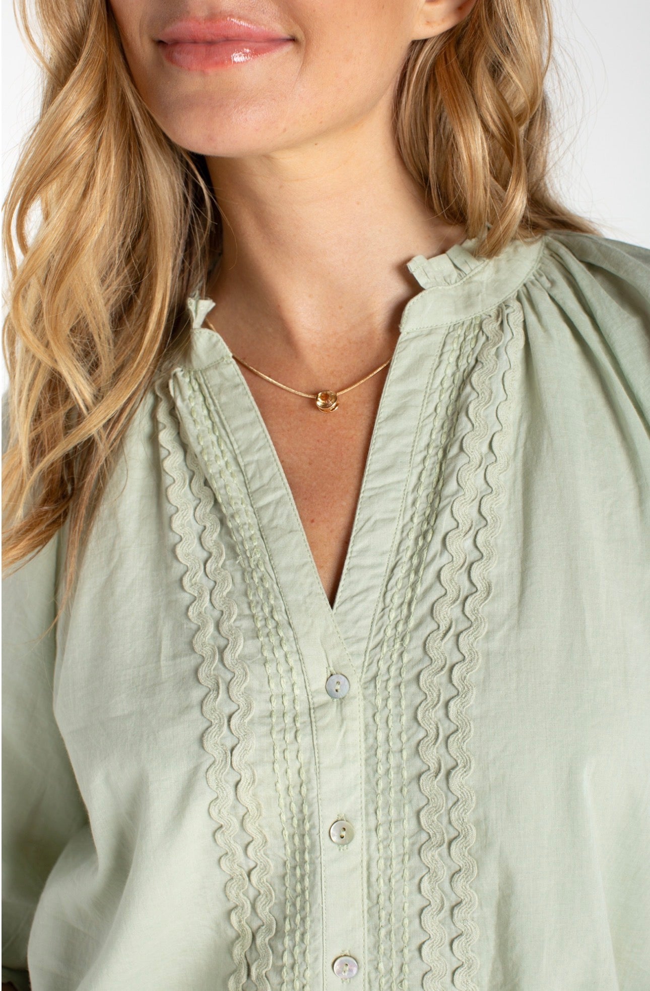 3/4 sleeve button front woven top with embroidery in matcha