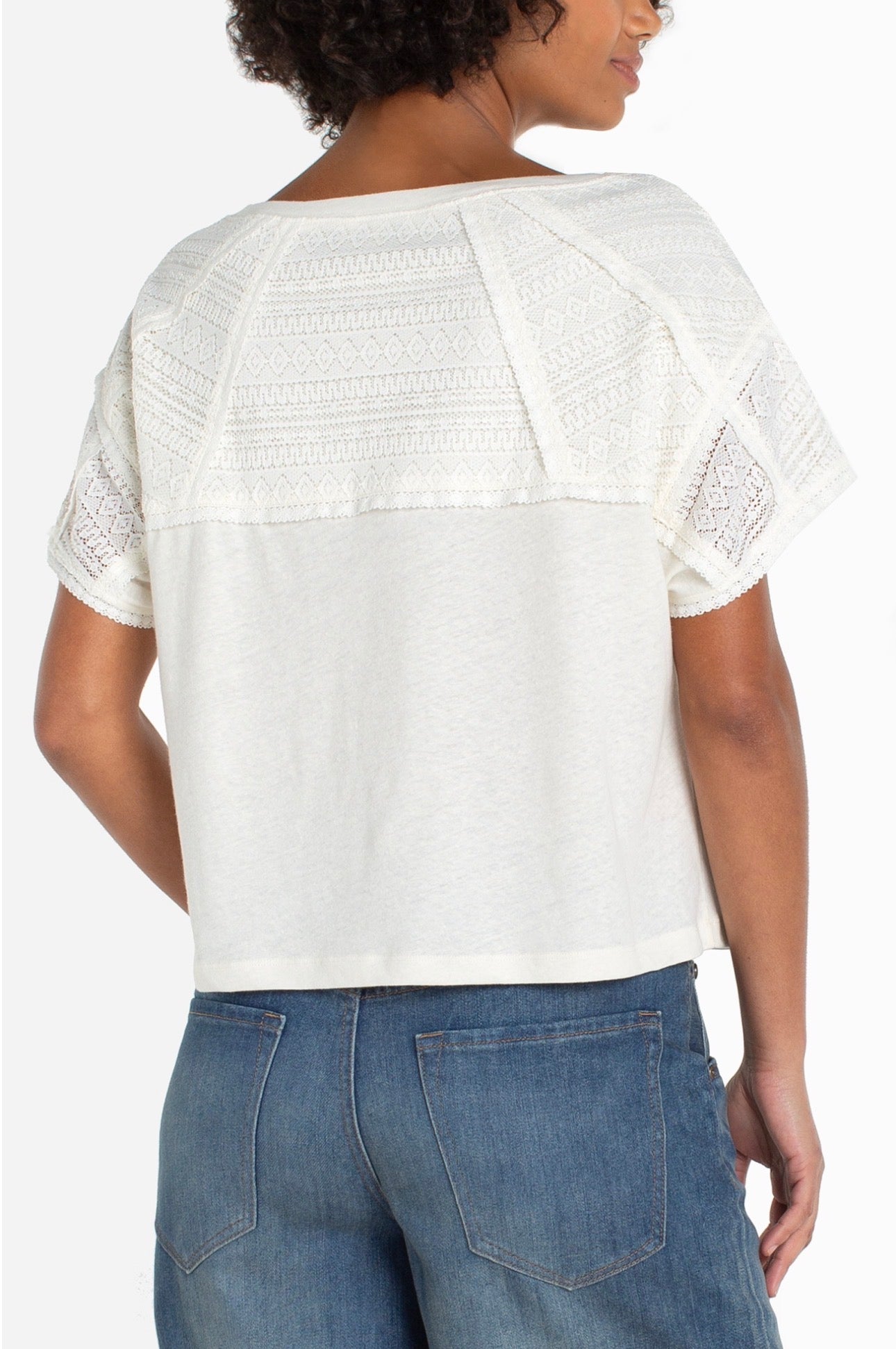 Short sleeve, Dolman boat neck knit top with lace