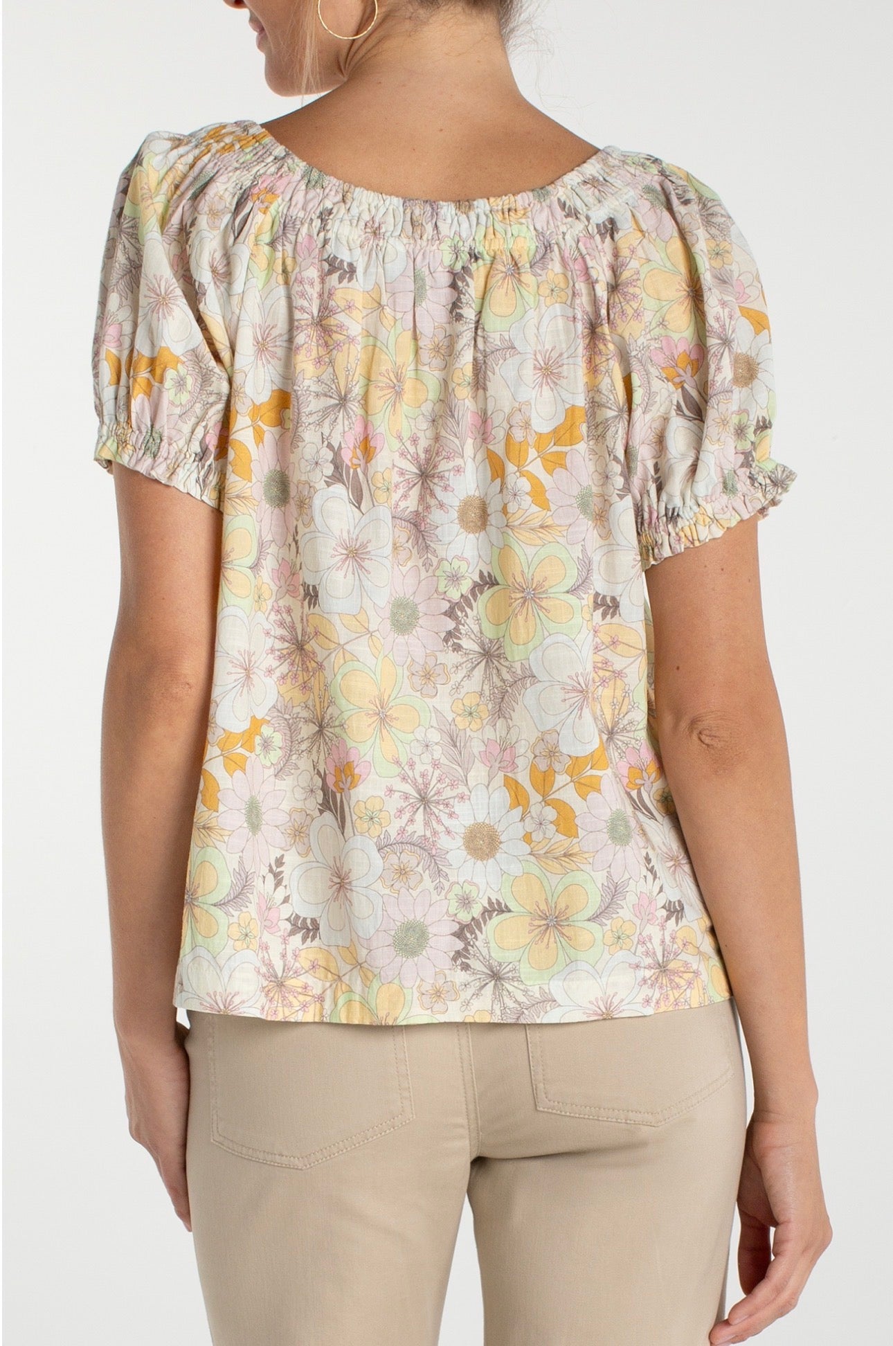 Short sleeve tight neck woven top in pristine multicolor