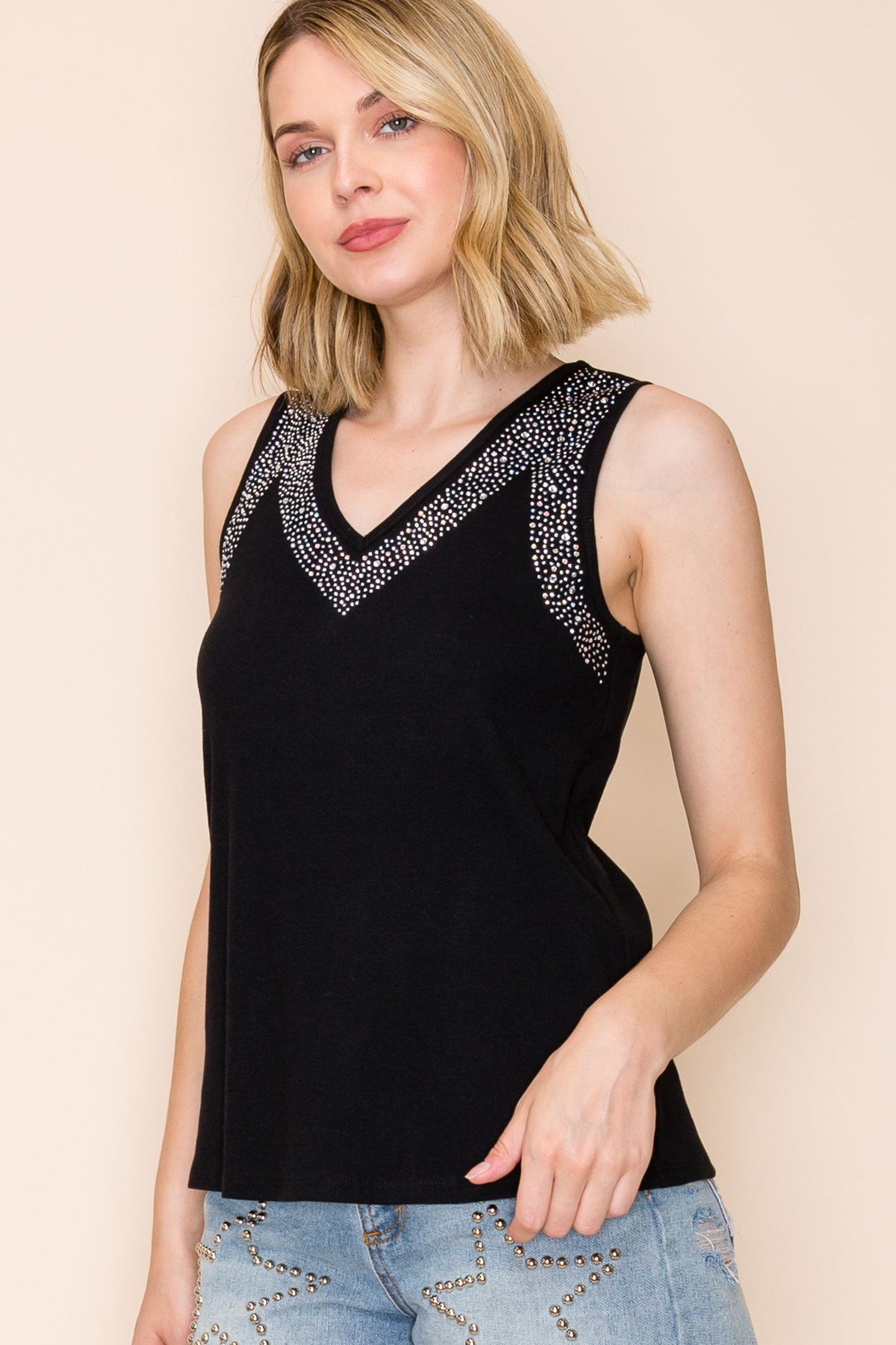 Rhinestone deep detail at V-neckline