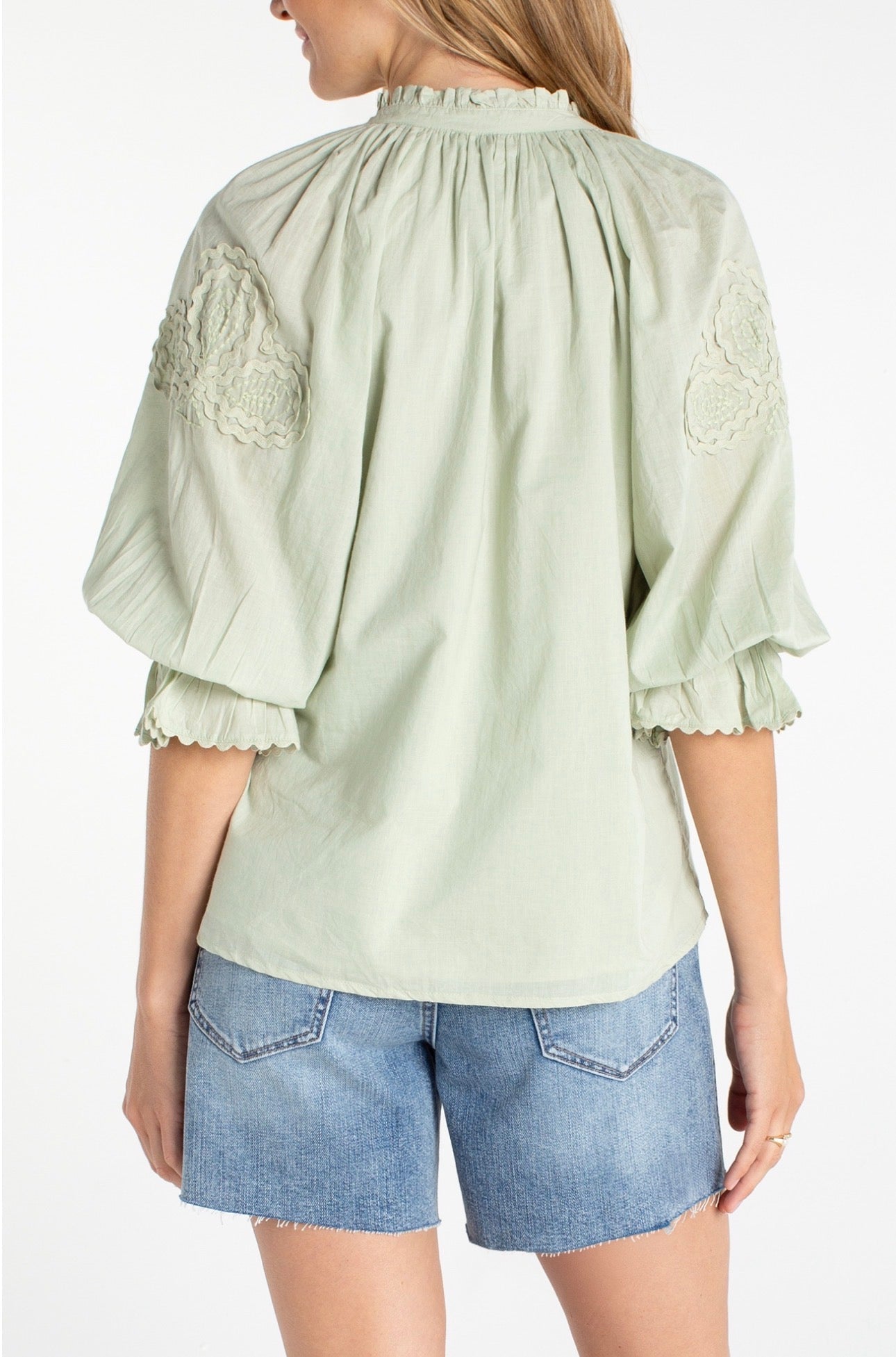 3/4 sleeve button front woven top with embroidery in matcha
