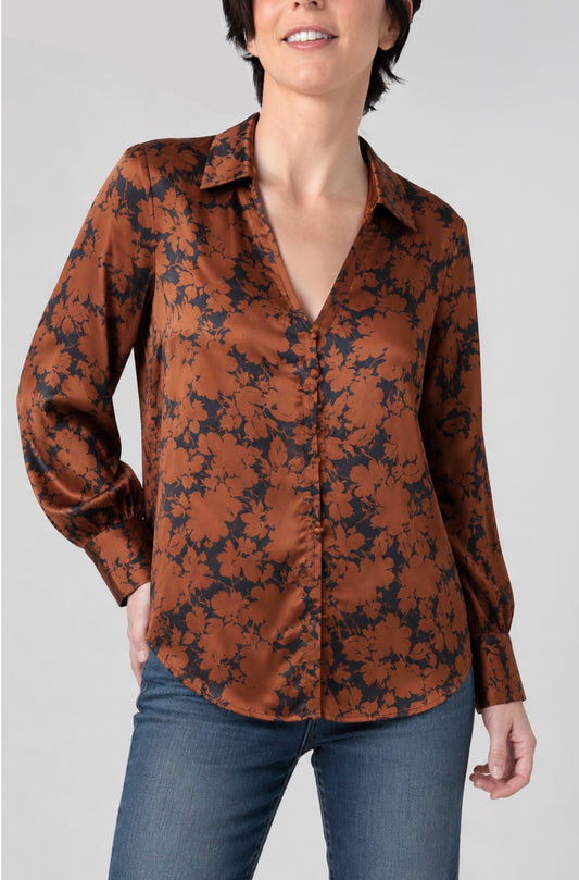 Long sleeve button front woven blouse