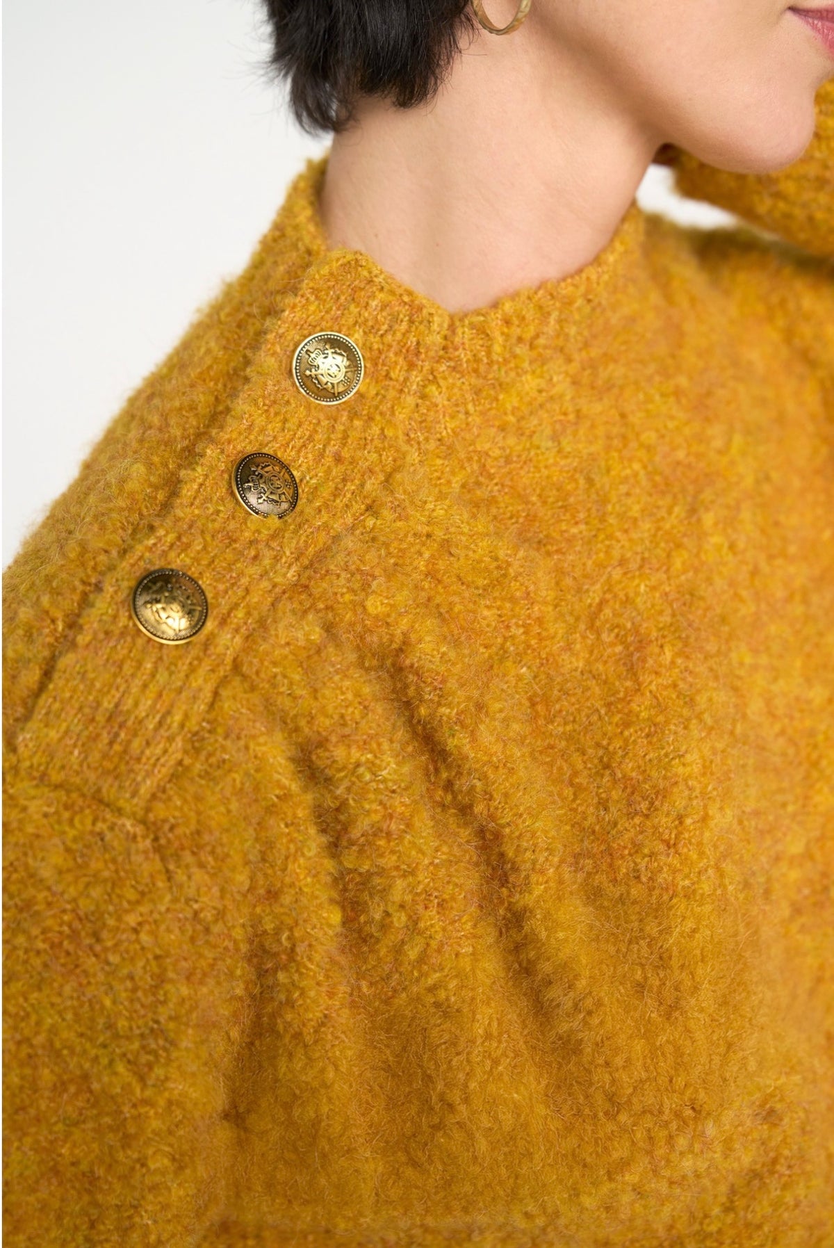 Long sleeve mock neck sweater with buttons on one side of shoulder
