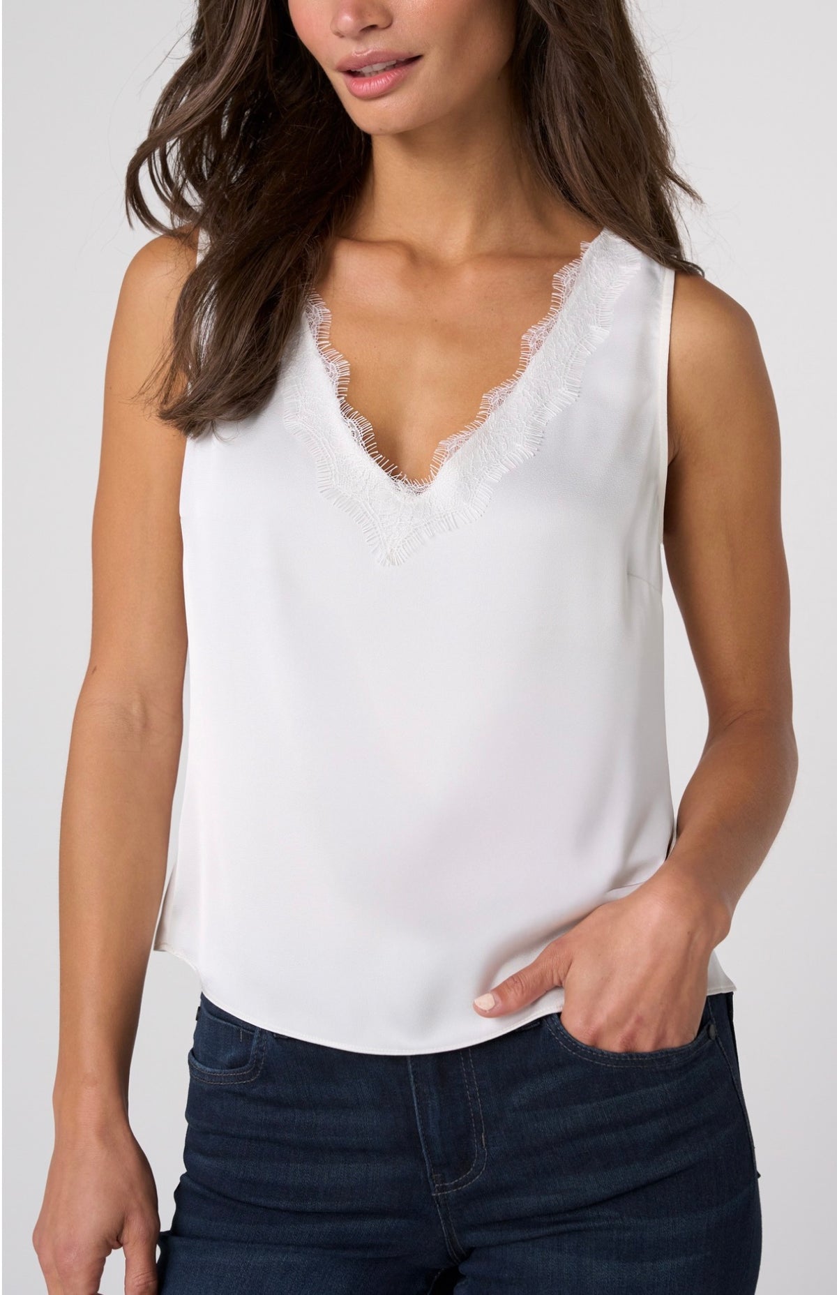 V-neck woven tank with lace trim in CREAM