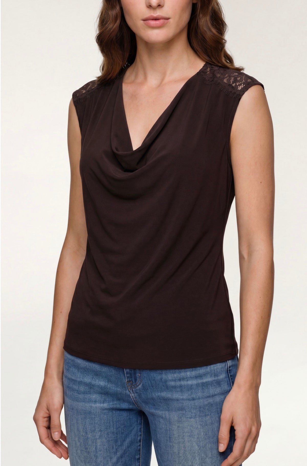 Draped neck, sleeveless knit top with lace in Java