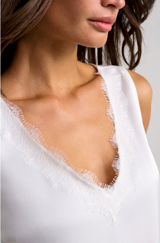 V-neck woven tank with lace trim in CREAM