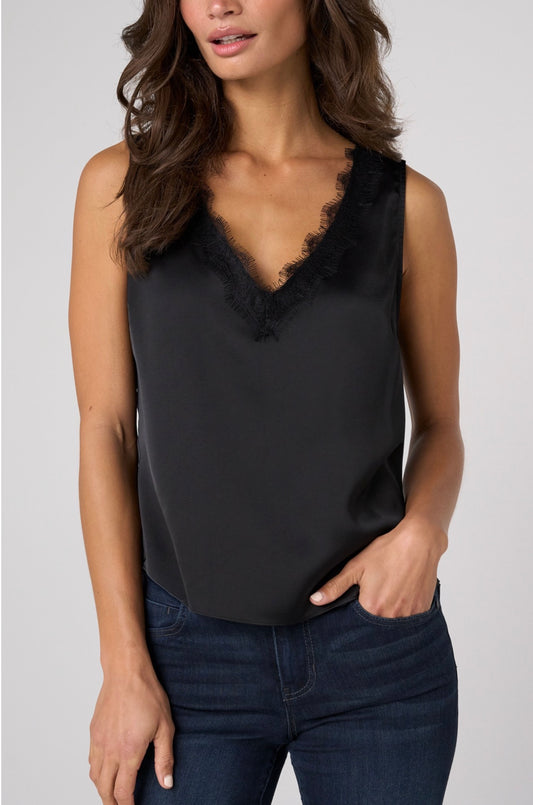 V-neck woven tank with lace trim in black