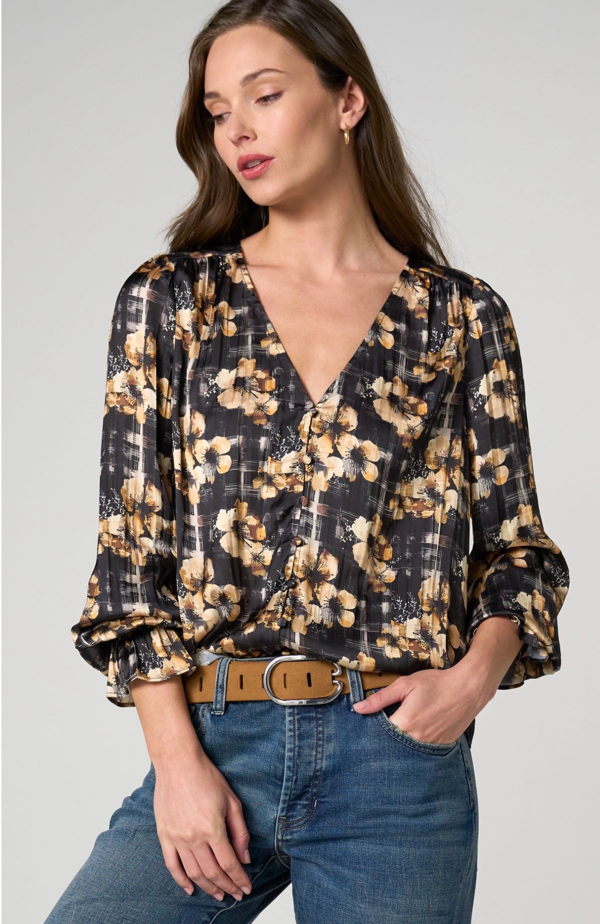 Long sleeve button front woven top with smocking ￼
