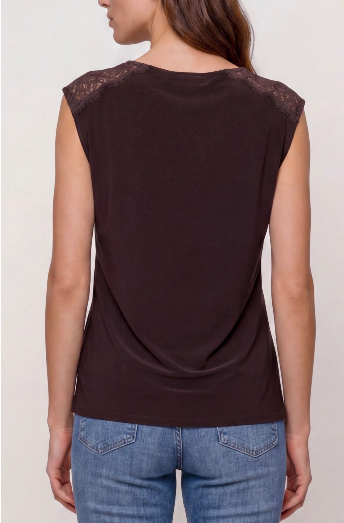 Draped neck, sleeveless knit top with lace in Java