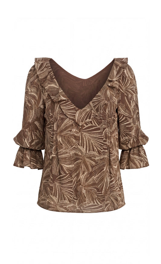 LONG SLEEVE DOUBLE RUFFLE V-NECK WOVEN BLOUSE