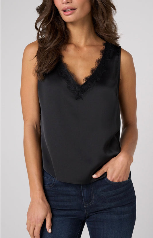 V-neck woven tank with lace trim in black