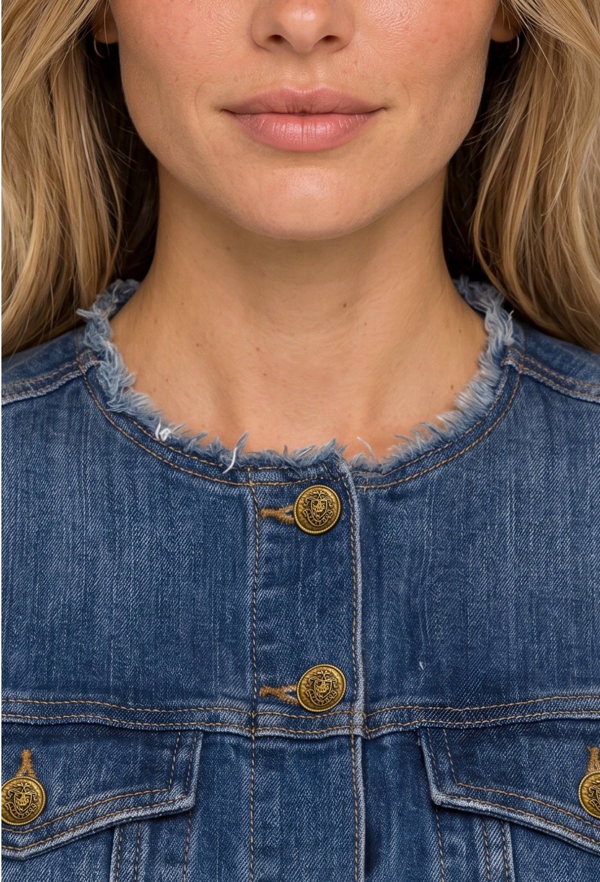 Collarless denim trucker dress 34 inch