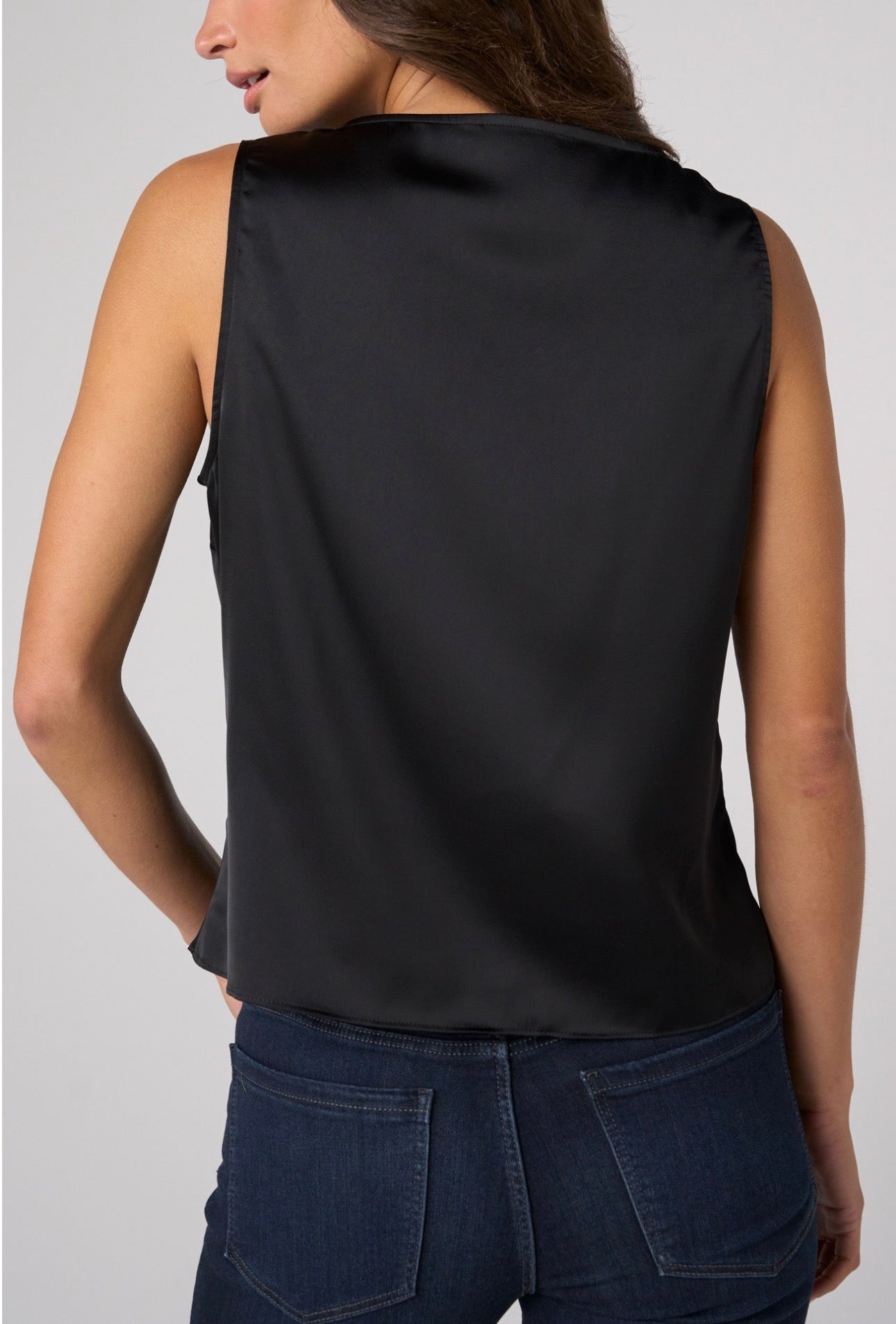 V-neck woven tank with lace trim in black