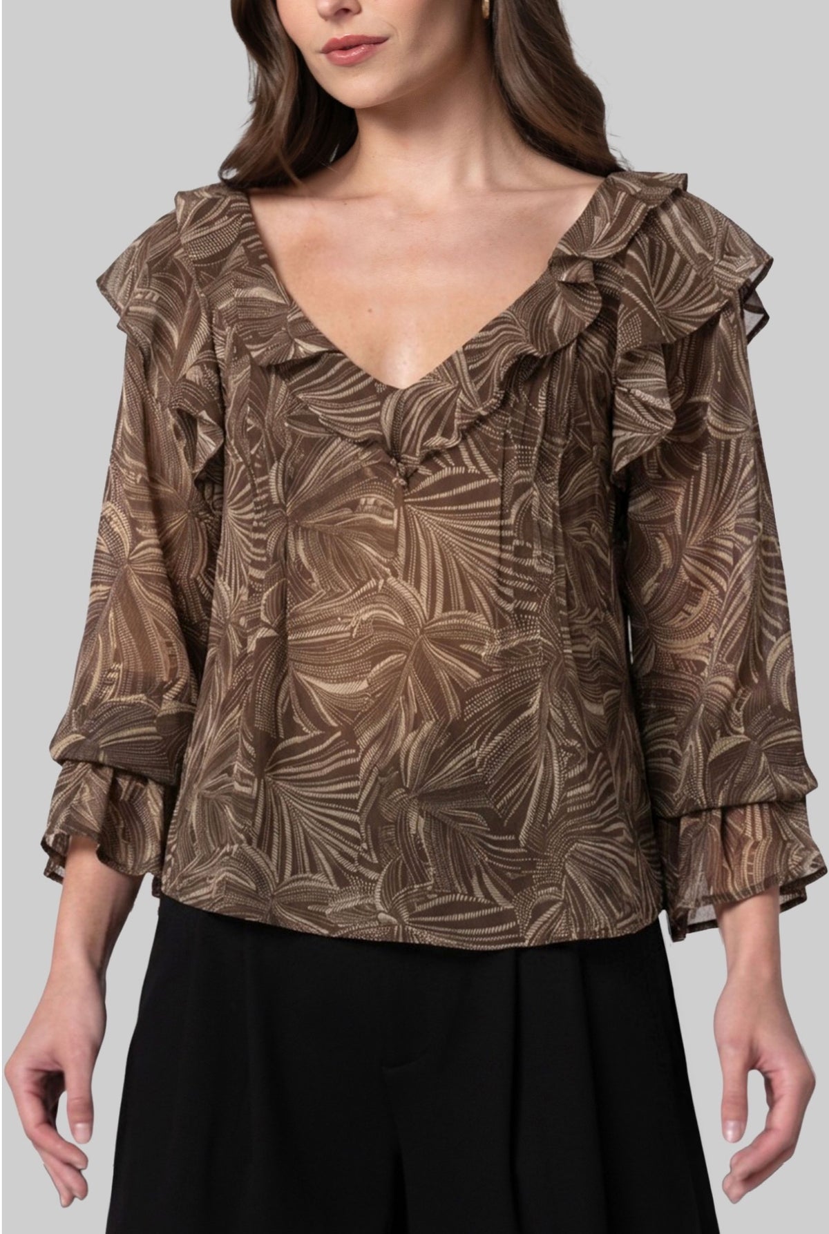 LONG SLEEVE DOUBLE RUFFLE V-NECK WOVEN BLOUSE