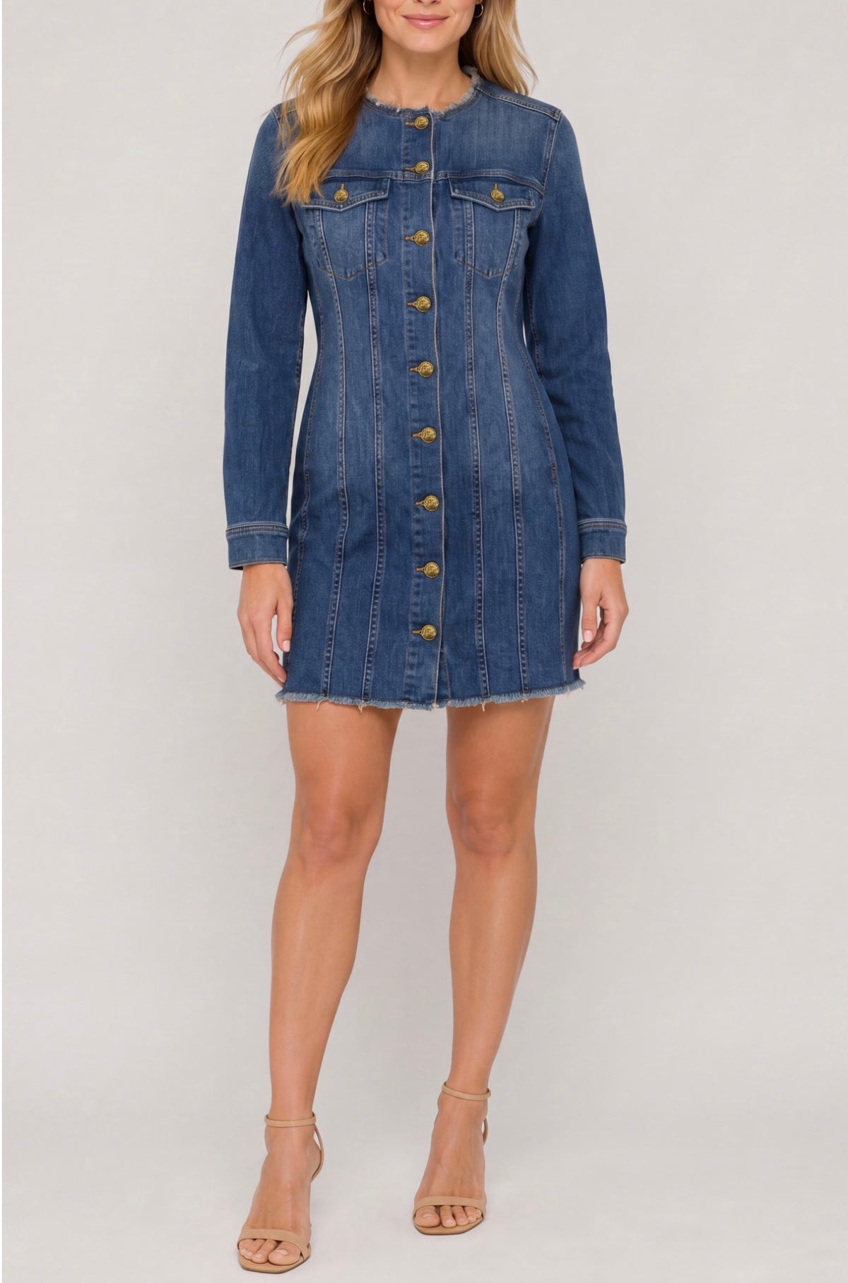 Collarless denim trucker dress 34 inch