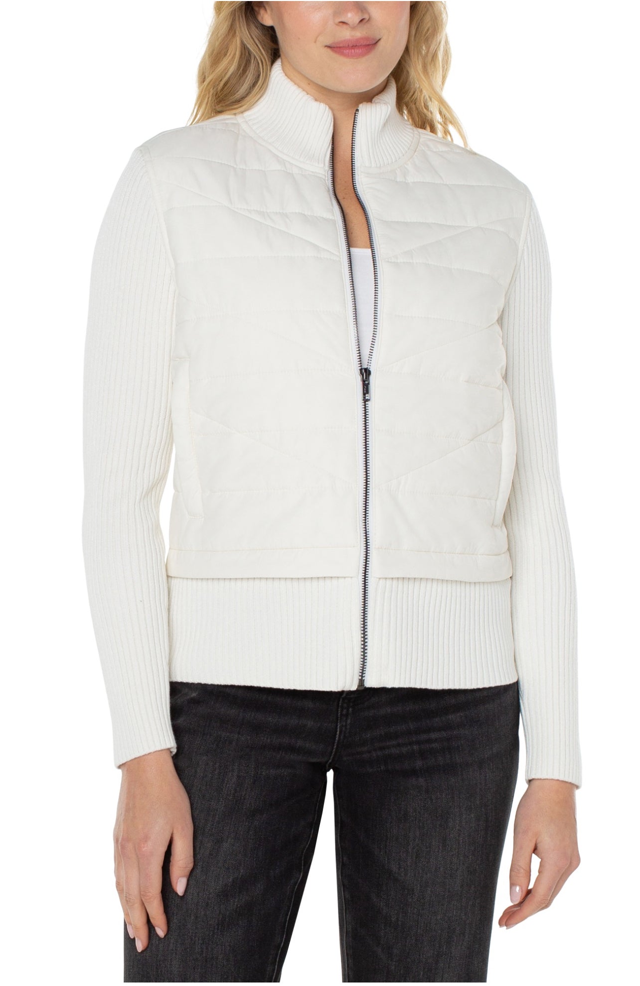 QUILTED FRONT FULL ZIP SWEATER