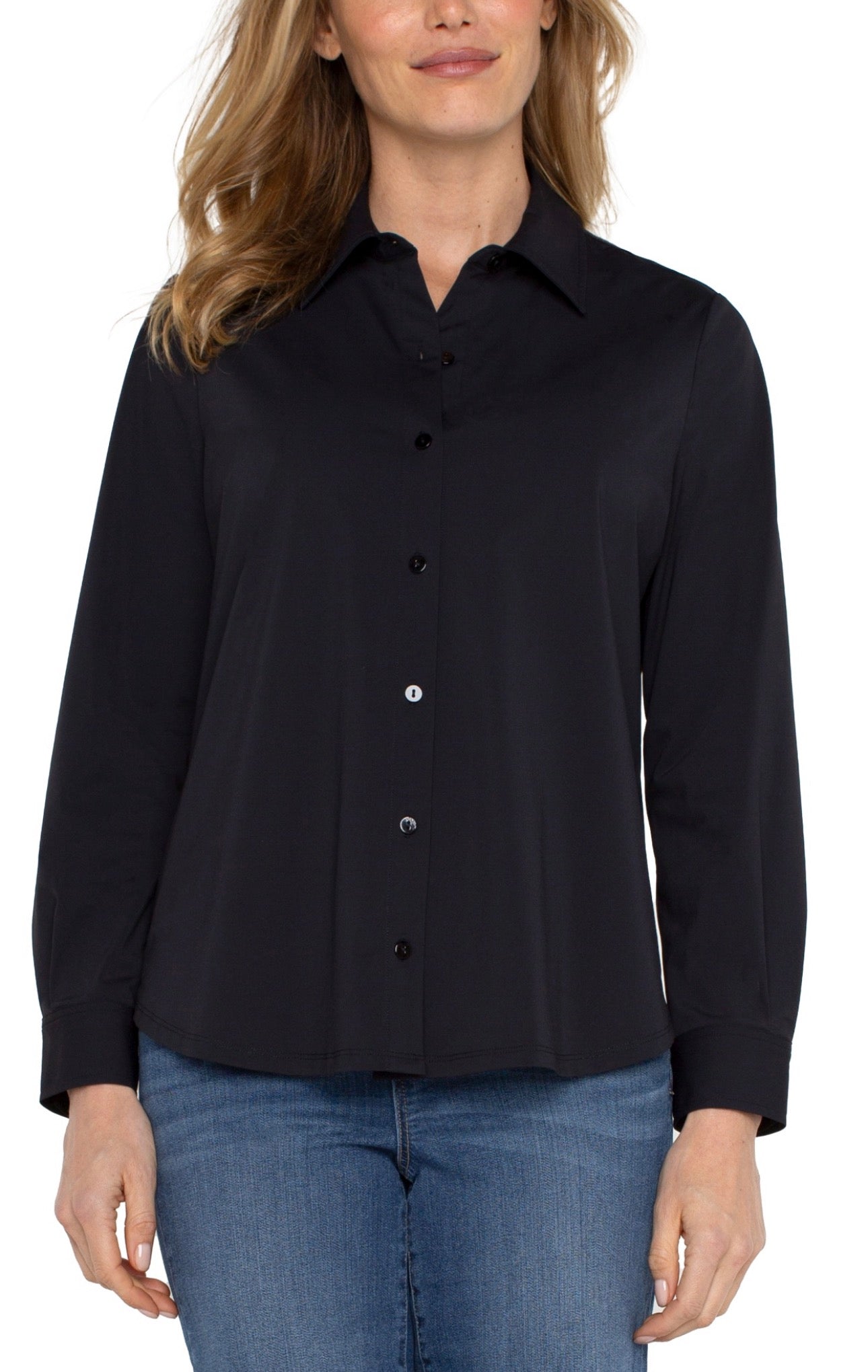 Long sleeve button front knit blouse