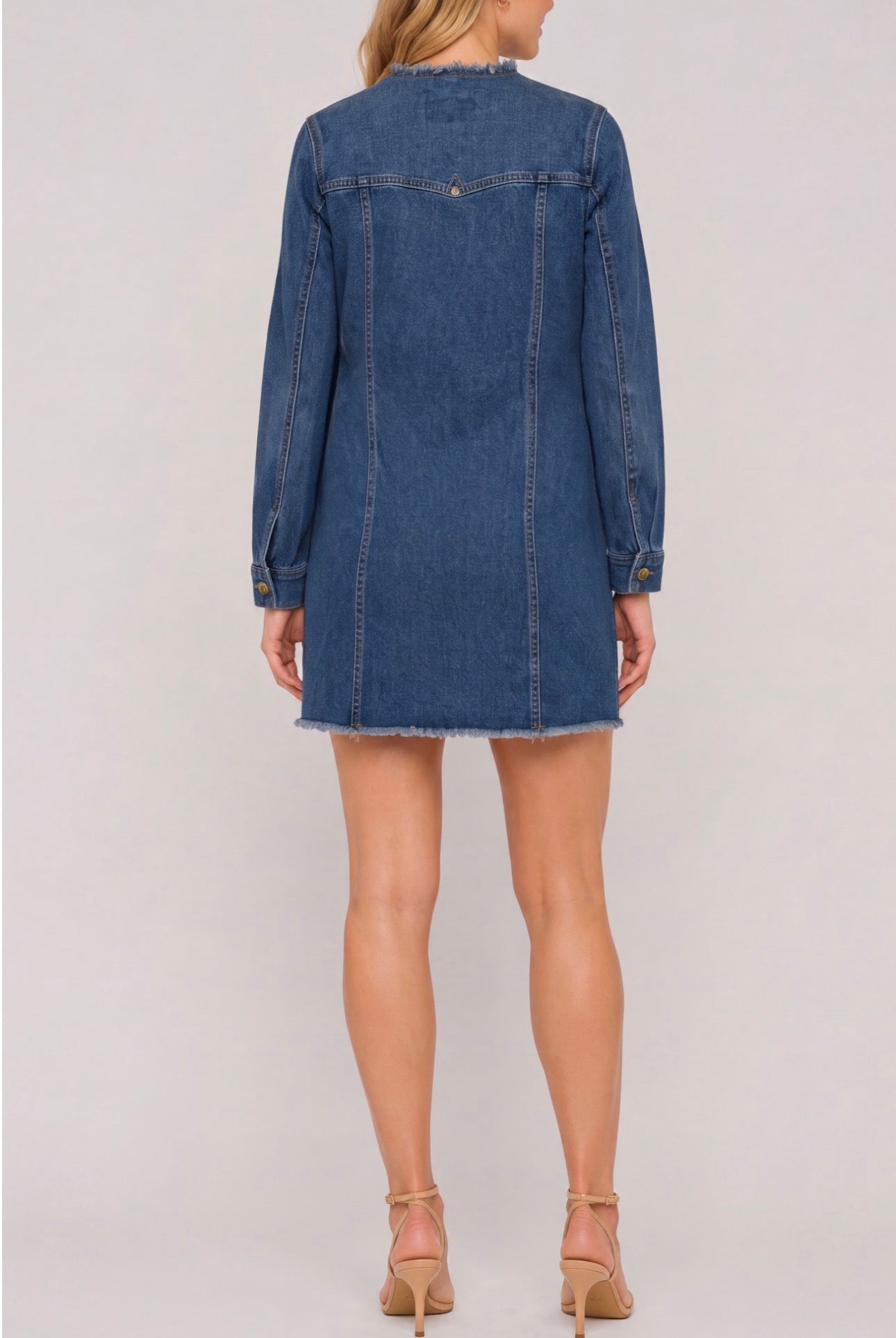 Collarless denim trucker dress 34 inch