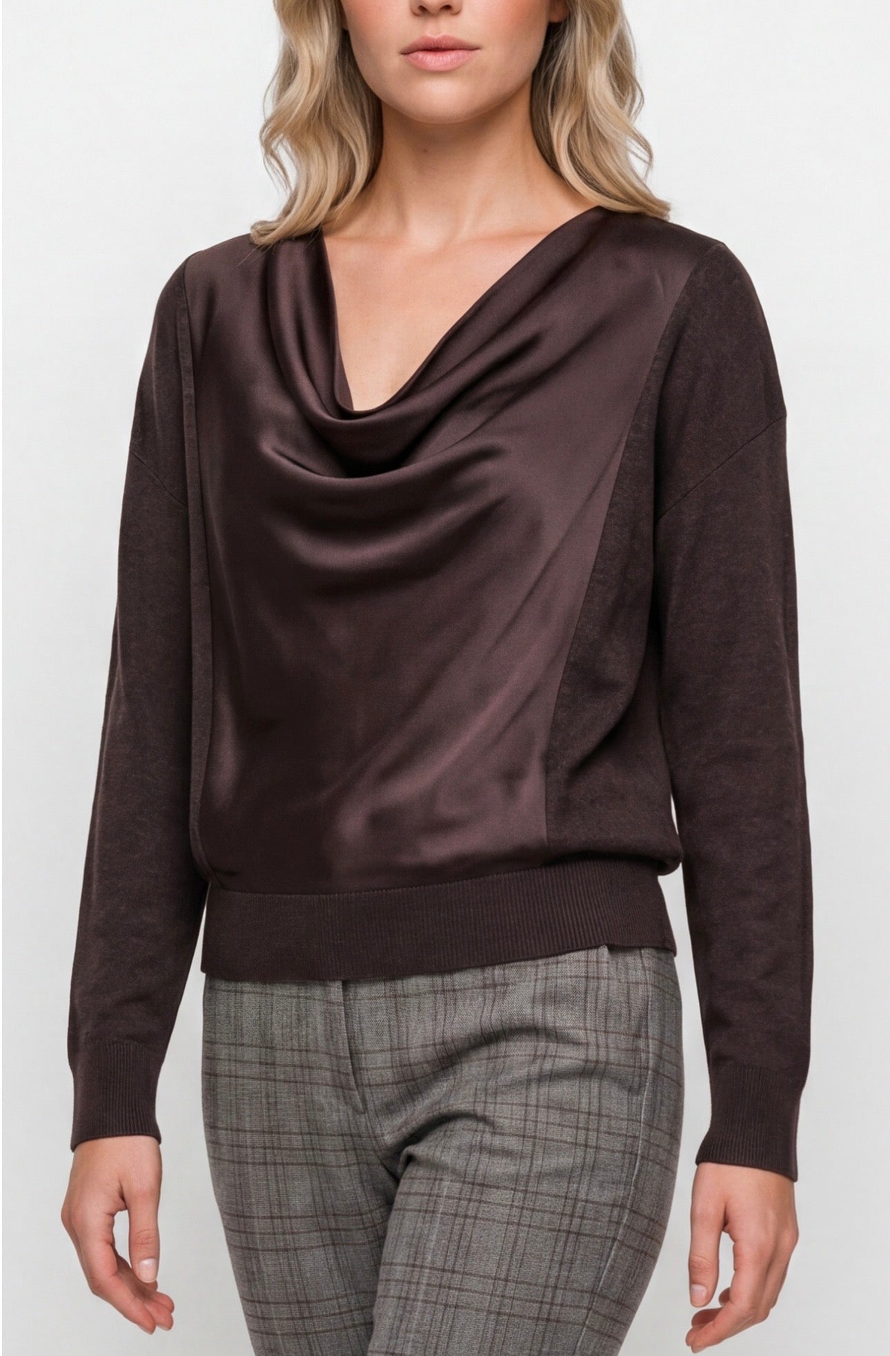 Long sleeve drape necks woven sweater in Java
