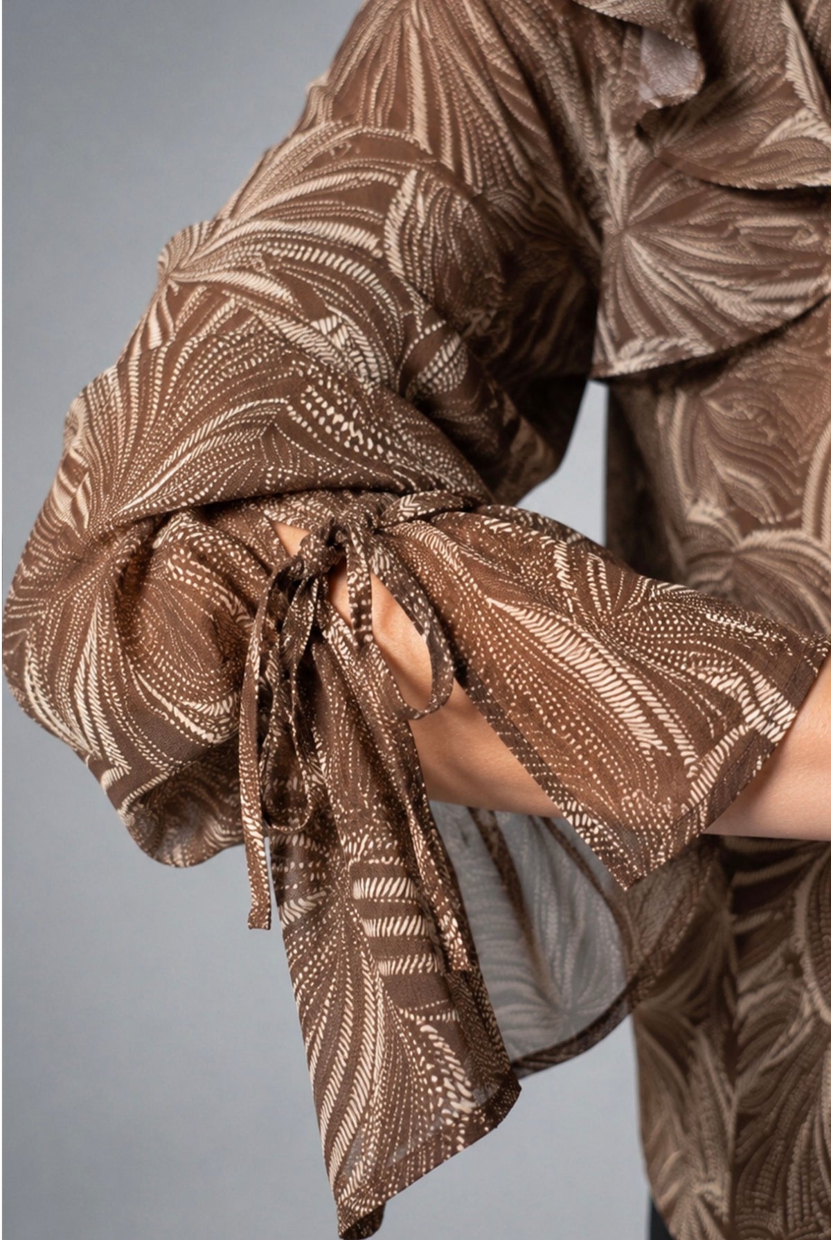 LONG SLEEVE DOUBLE RUFFLE V-NECK WOVEN BLOUSE