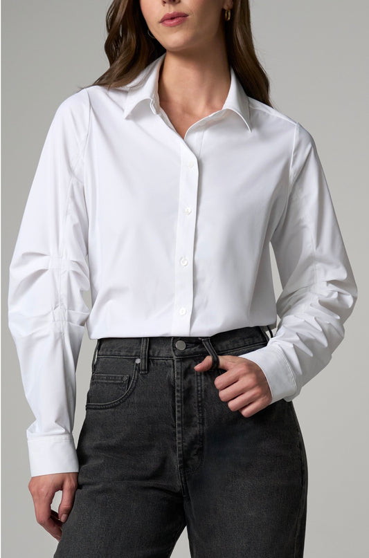 Long pleated sleeve button, front blouse, white