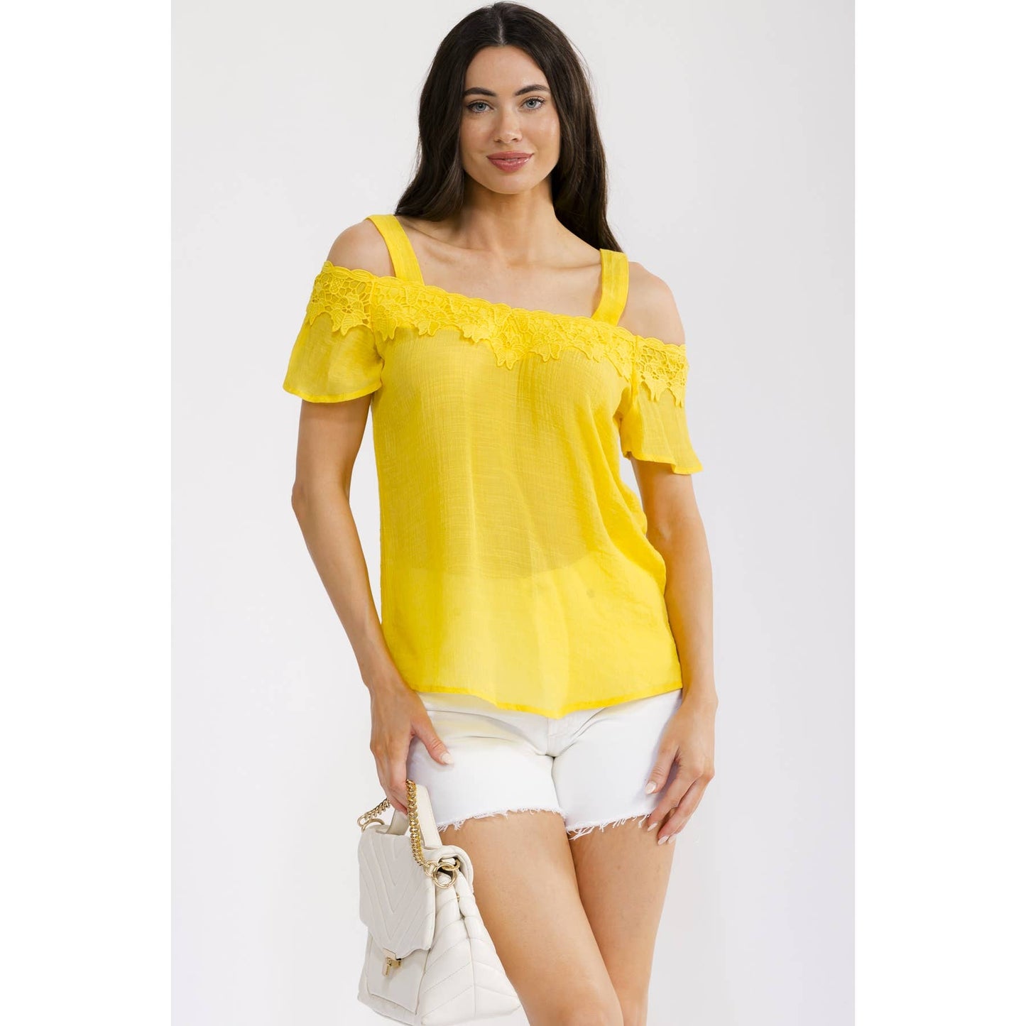 CROCHET TRIM COLD SHOULDER BLOUSE