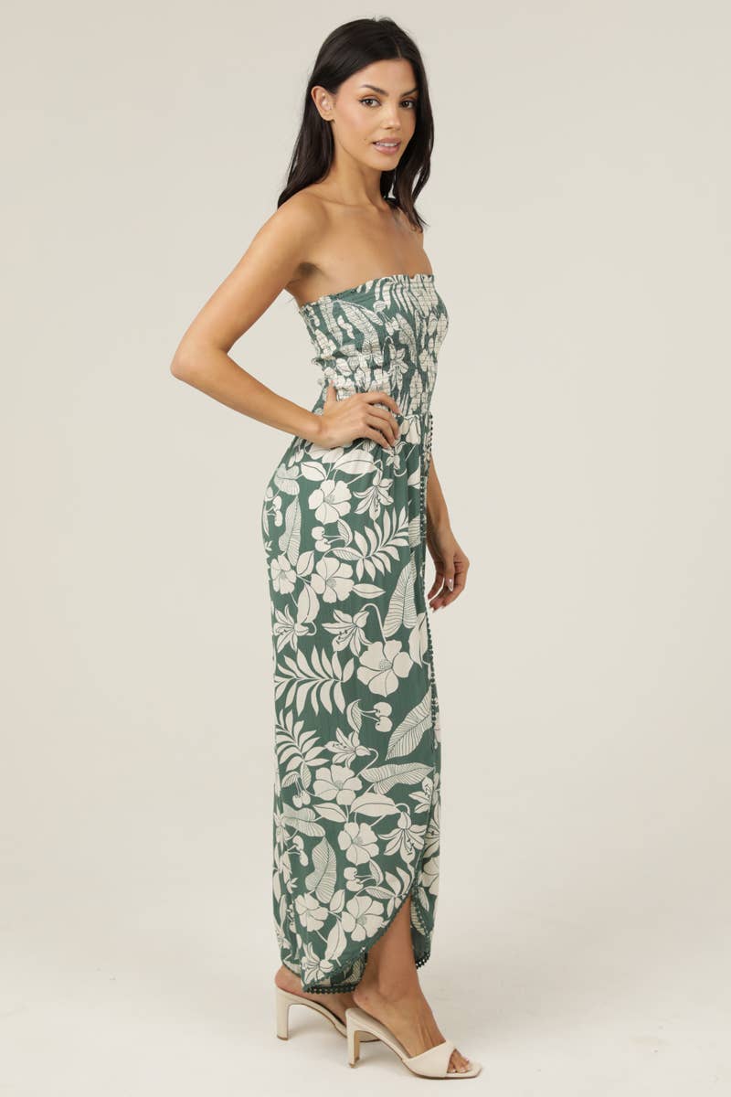 SMOCKED BODICE WRAP LEG JUMPSUIT