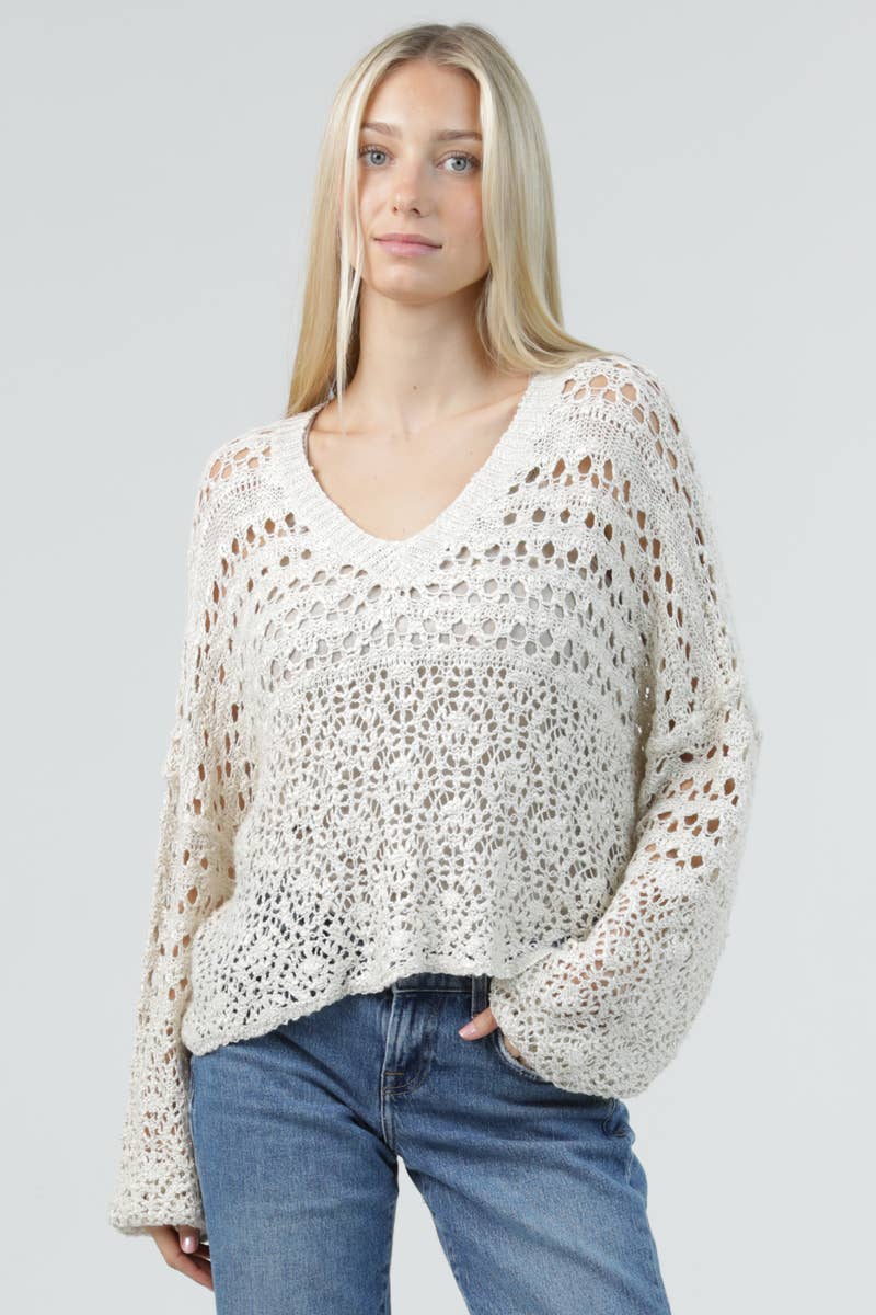 OPEN KNIT V NECK PULLOVER SWEATER