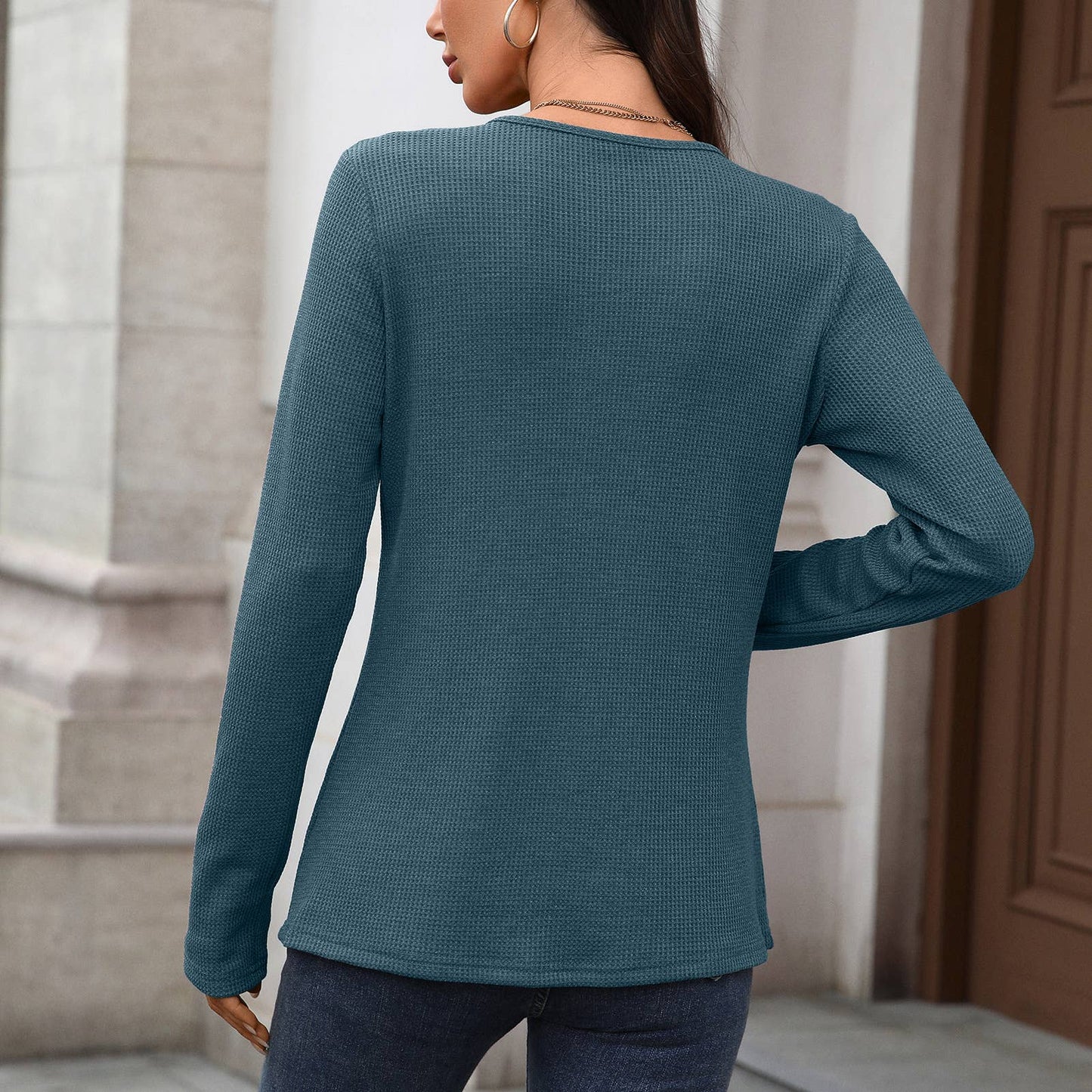 Round Neck Button Loose Long Sleeve Henley Top