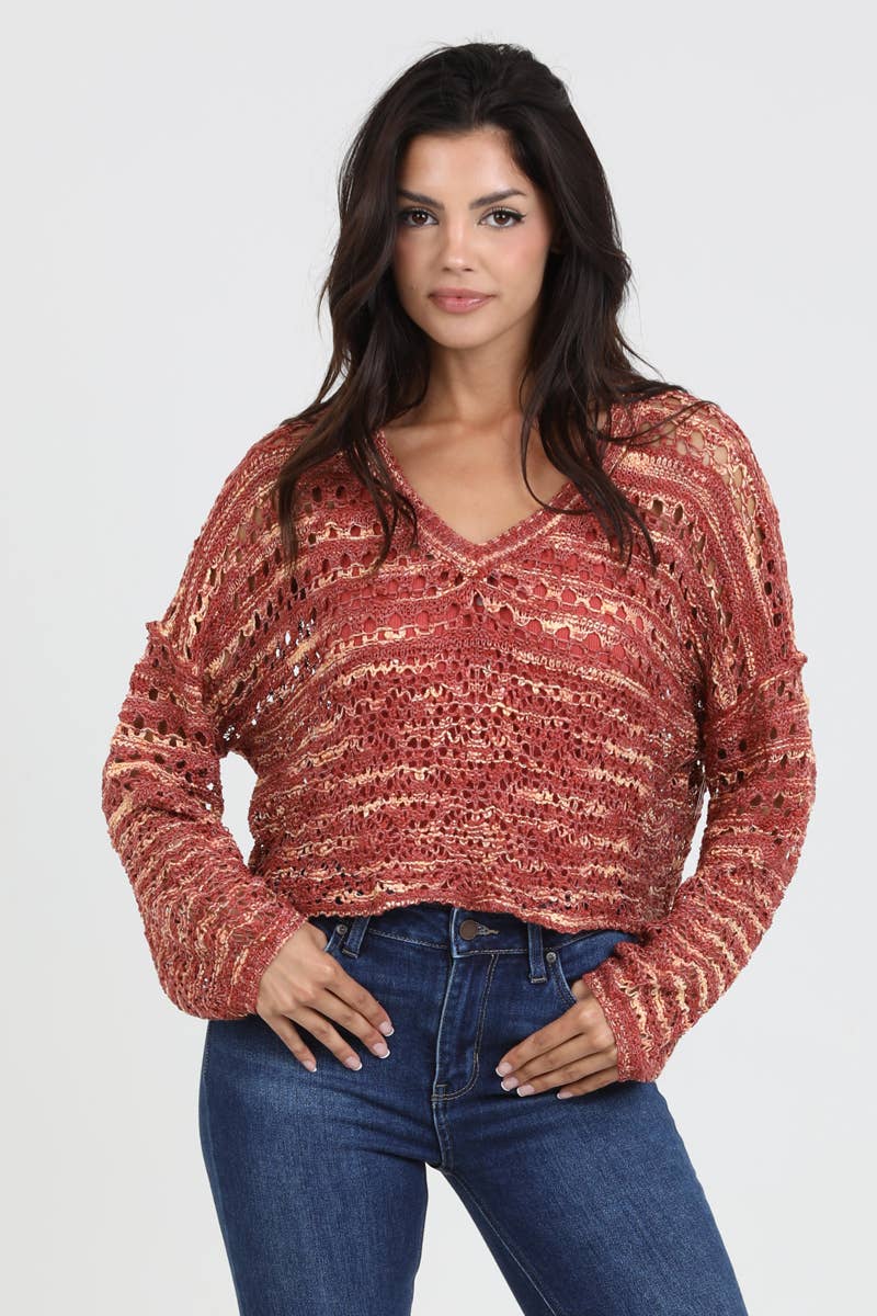 OPEN KNIT V NECK PULLOVER SWEATER