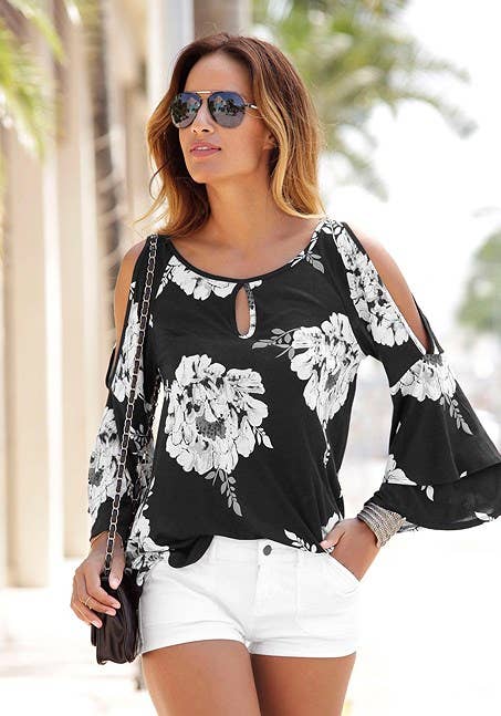 LASCANA Women's Floral Cold Shoulder Top