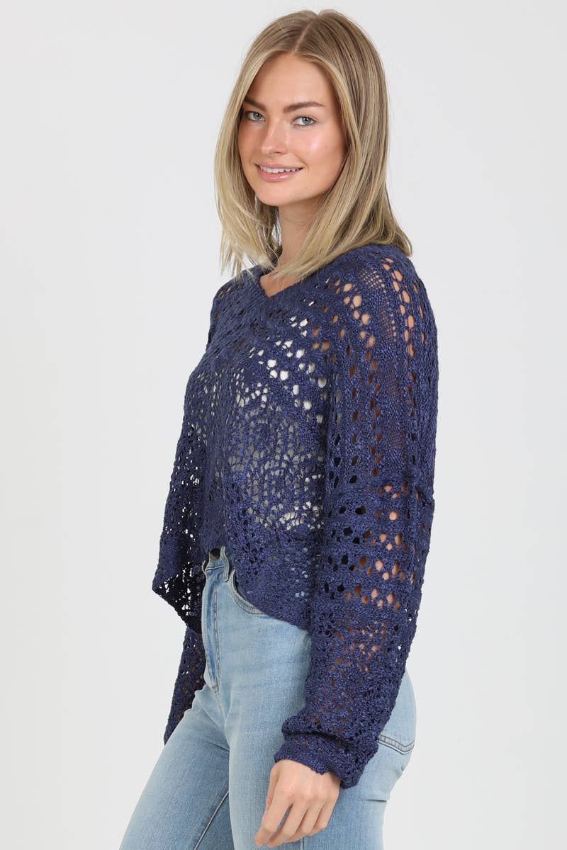 OPEN KNIT V NECK PULLOVER SWEATER