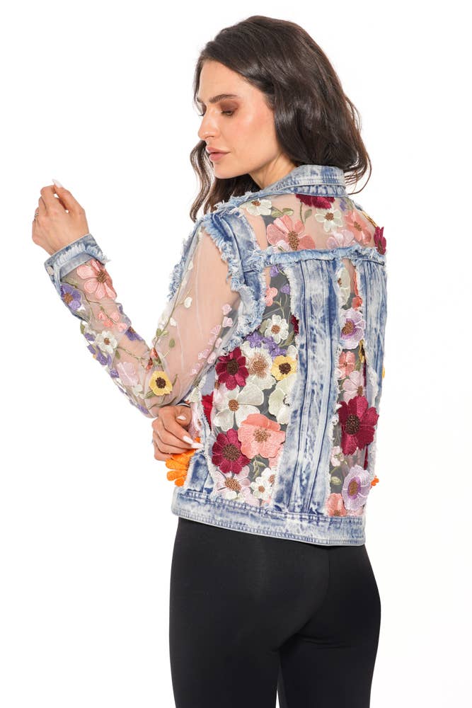 Denim Lace Jacket with Floral Embroidery