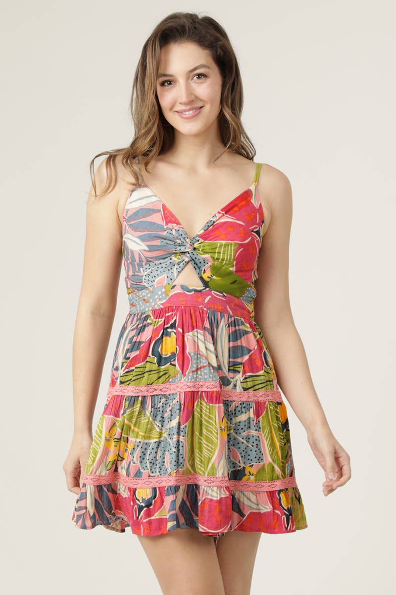 V NECK TWIST FRONT CUT OUT LACE TRIM DRESS
