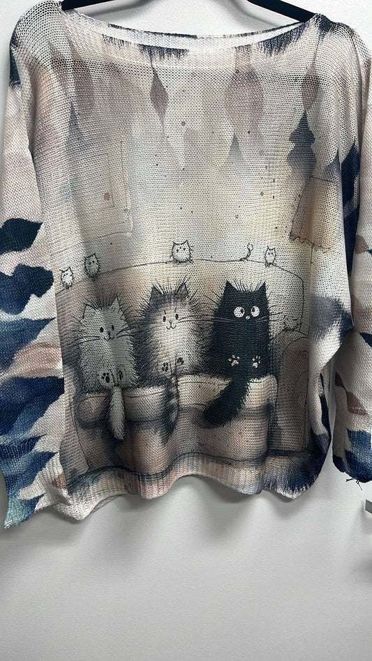 PO3CATS Black & Beige Cats Round Knit Printed Sweater LOOWIE