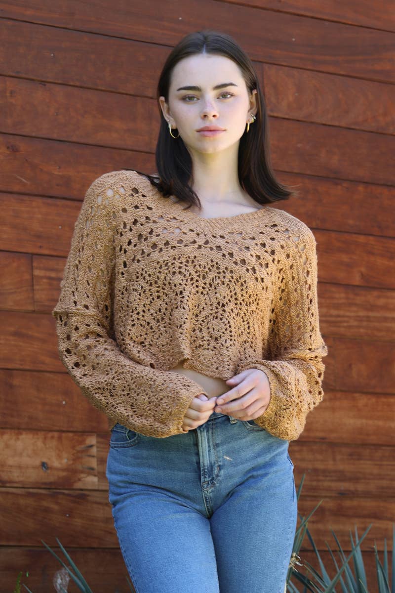 OPEN KNIT V NECK PULLOVER SWEATER