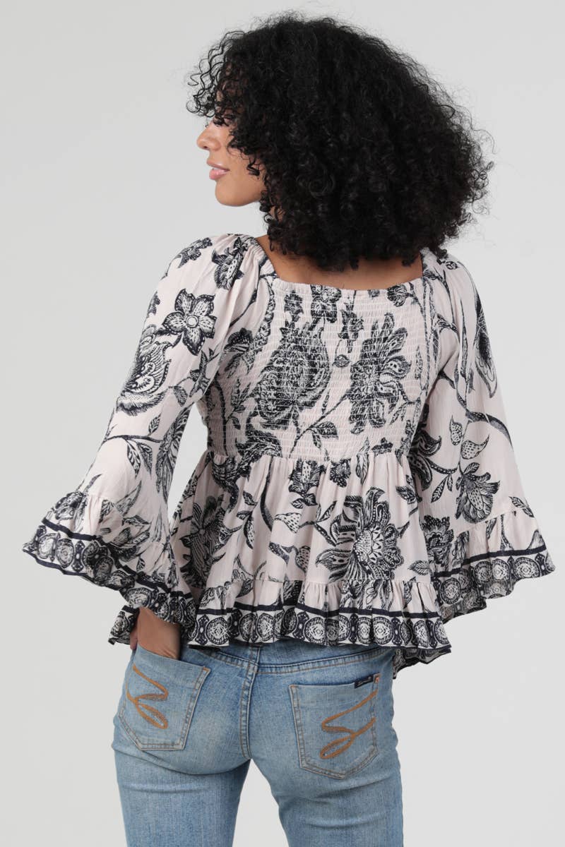 V NECK SMOCKED BUST FLARE BELL SLEEVE TOP
