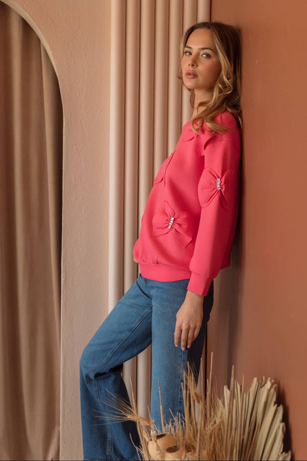 Fiora French Scuba Ribbon-Bow Top