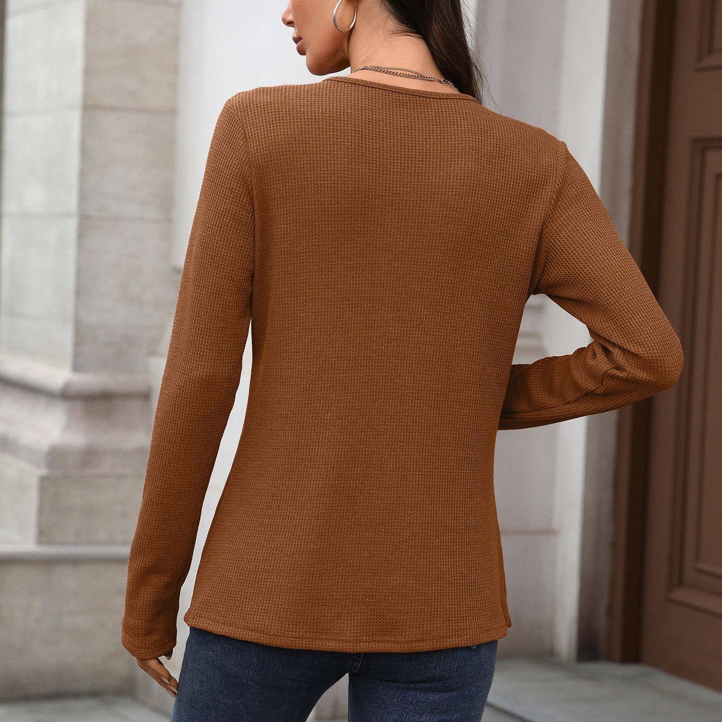 Round Neck Button Loose Long Sleeve Henley Top