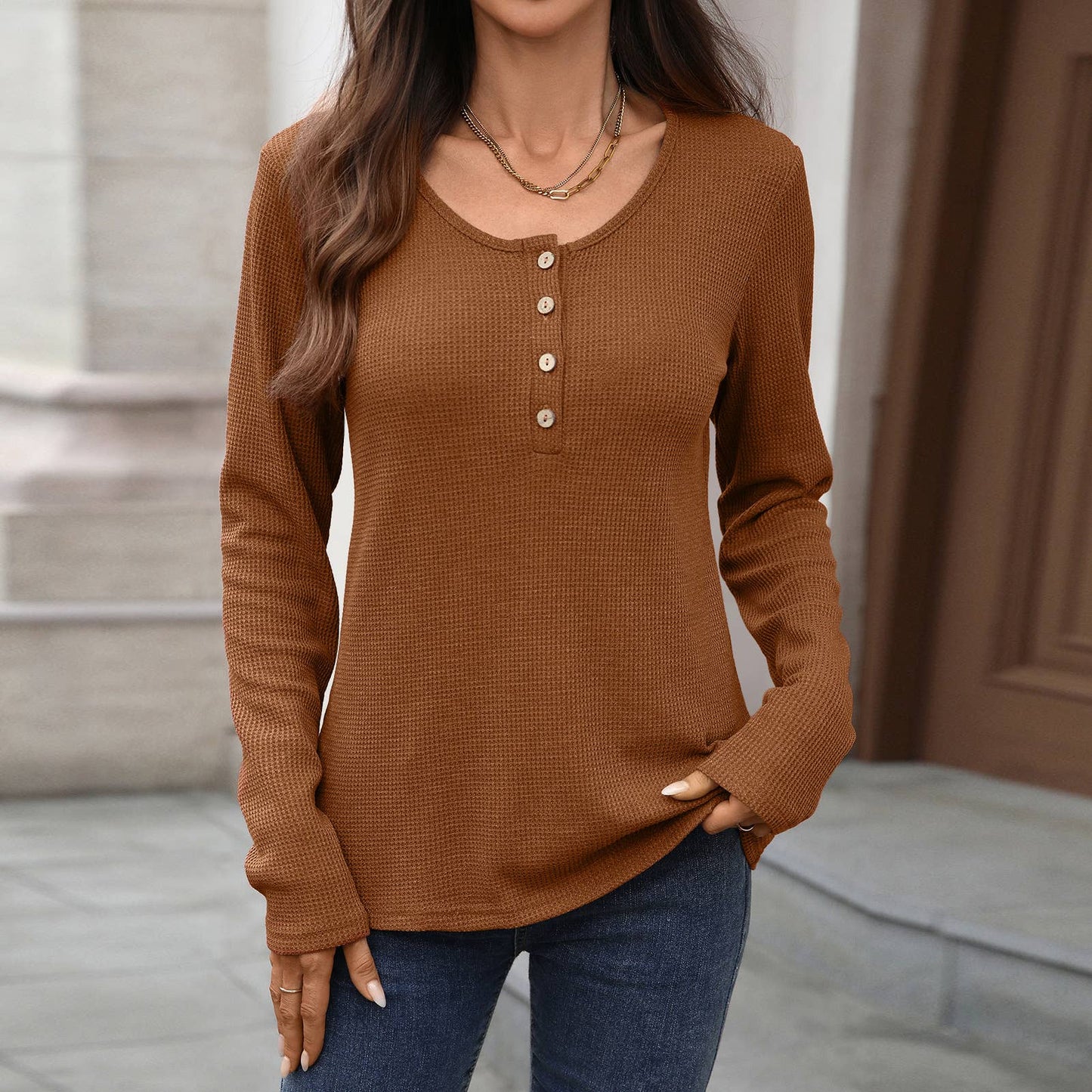 Round Neck Button Loose Long Sleeve Henley Top
