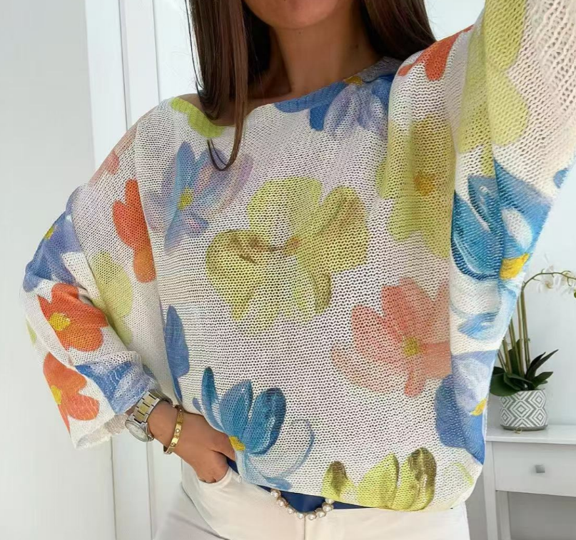 White Floral V-Neck Knit Printed Sweater LOOWIE