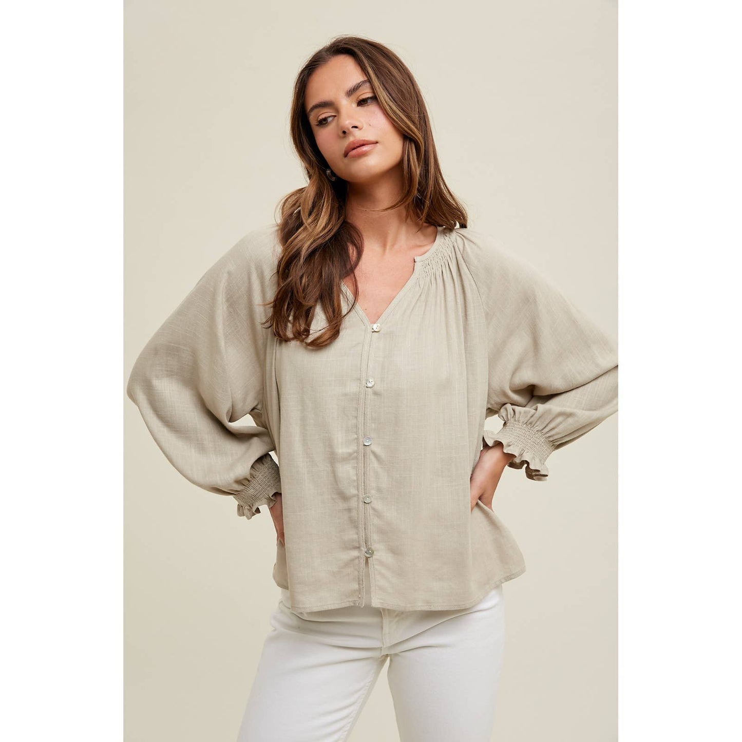DROP SHOULDER BLOUSE WITH SMOCKED CUFF DETAIL