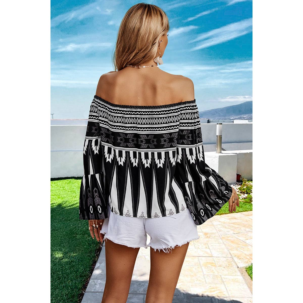 Graphic Print Color Block Butterfly Sleeves Off Shoulder Top