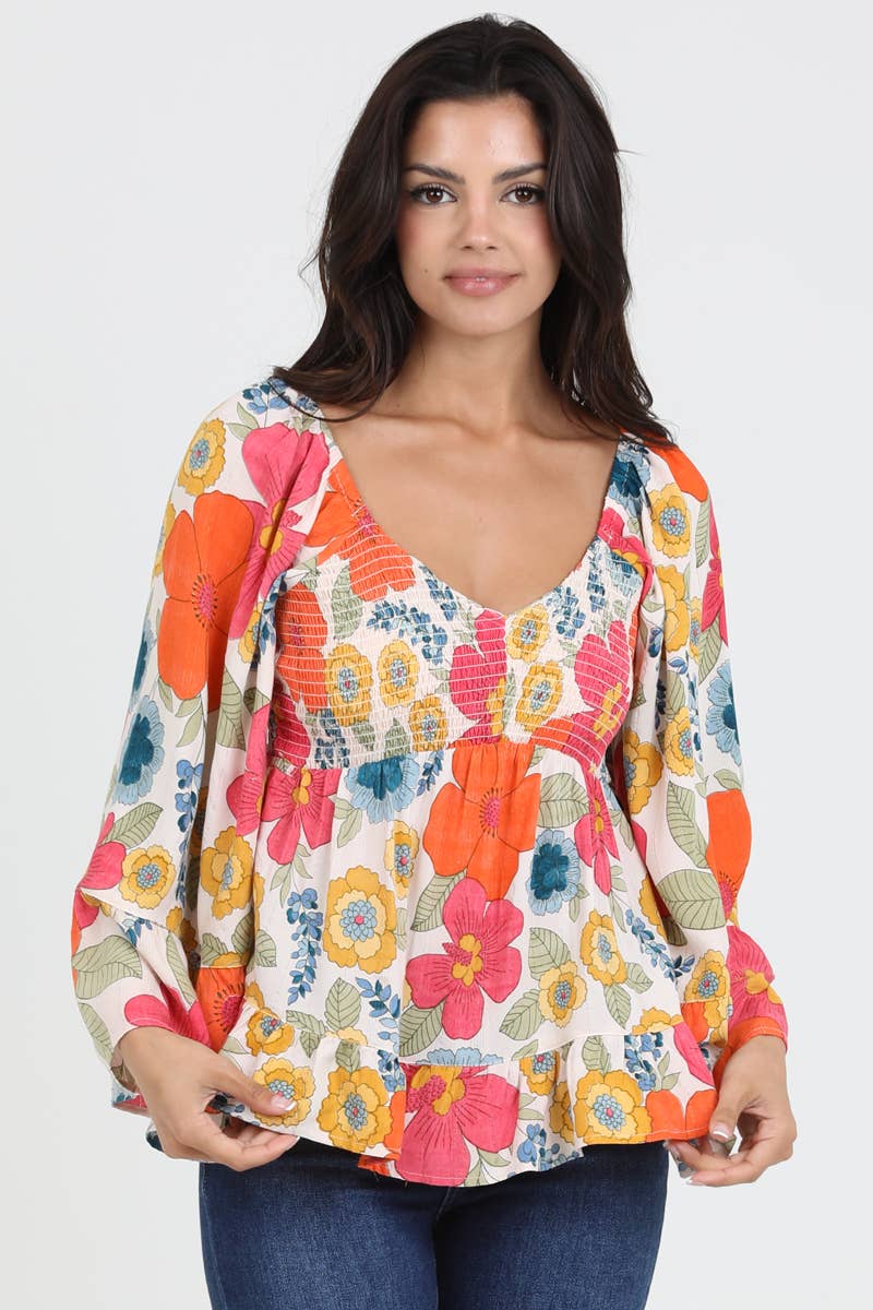 V NECK SMOCKED BUST WIDE BELL SLEEVE FLORAL BLOUS