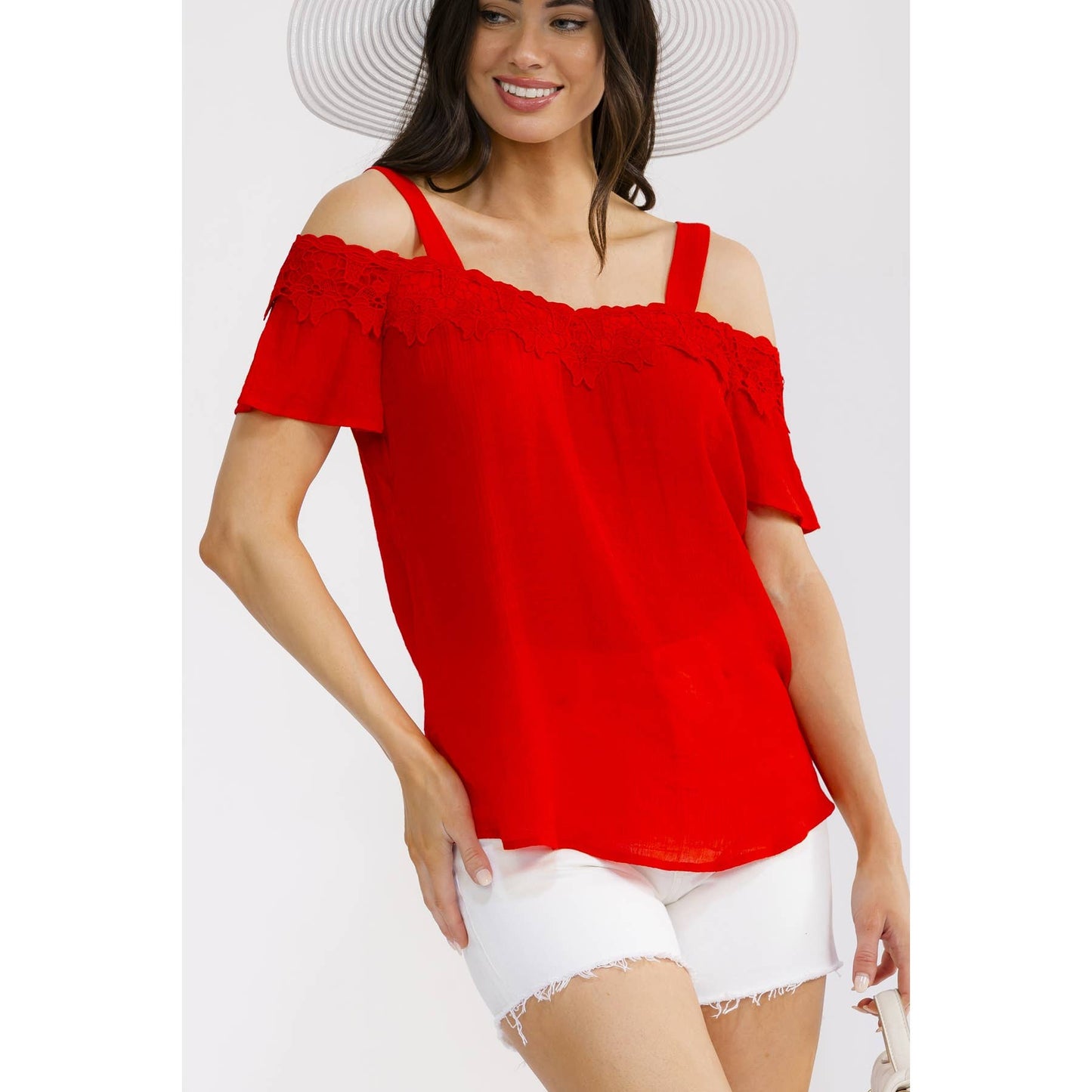 CROCHET TRIM COLD SHOULDER BLOUSE