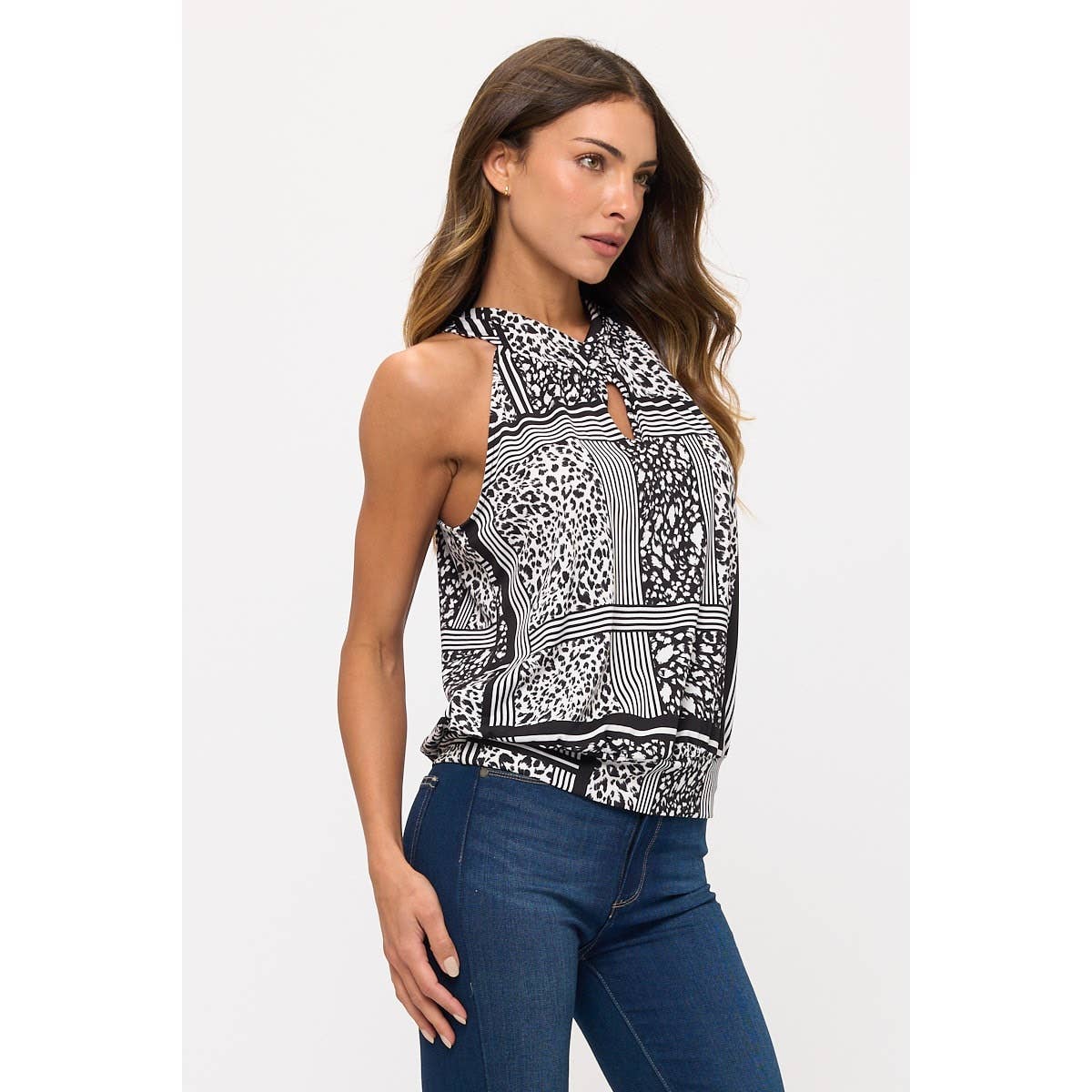 ANIMAL PRINT SLEEVELESS BANDED BOTTOM CLEO TANK