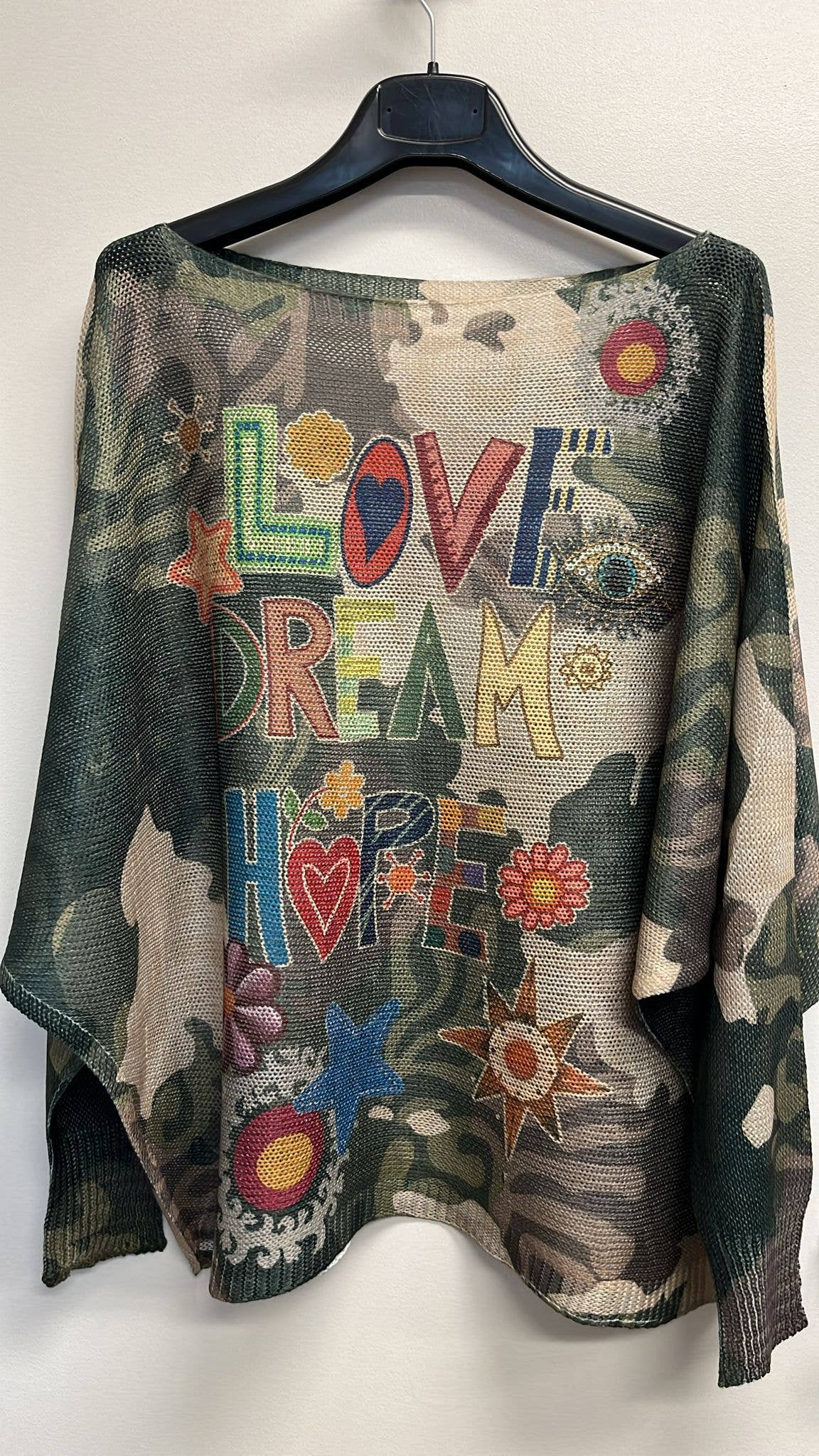 VI387 LOVE CAMO Round Neck Knit Printed Sweater LOOWIE
