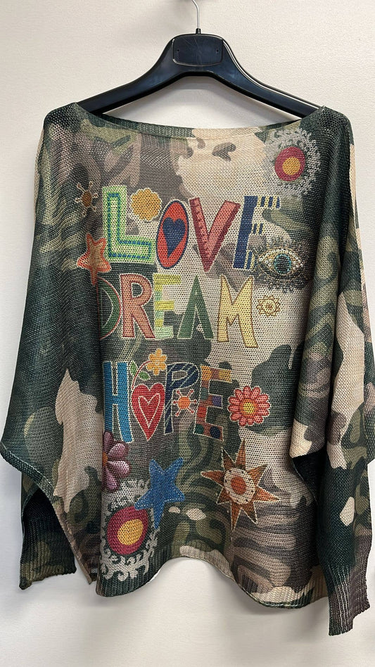 VI387 LOVE CAMO Round Neck Knit Printed Sweater LOOWIE