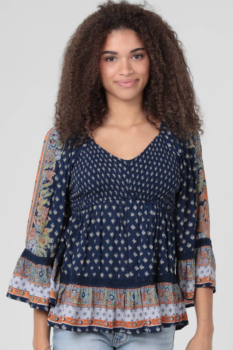 V NECK SMOCKED BUST WIDE BELL SLEEVE PRINTED TOP