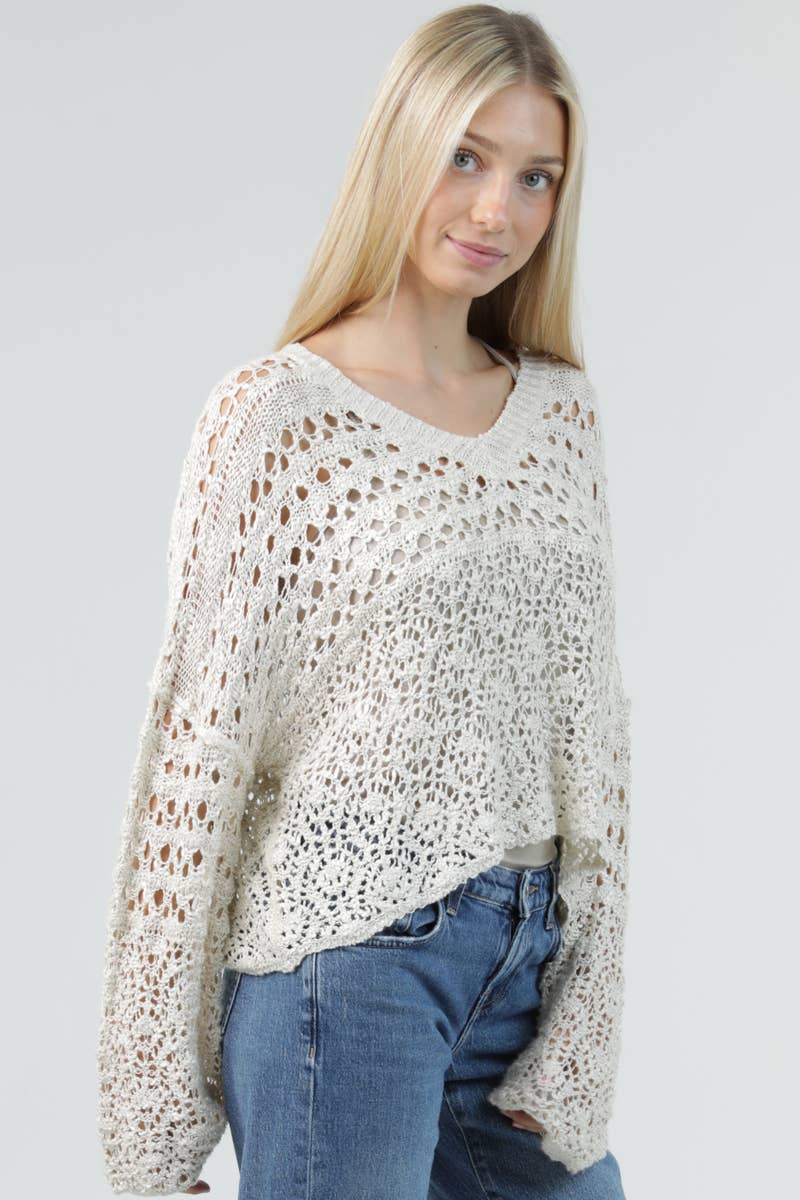 OPEN KNIT V NECK PULLOVER SWEATER